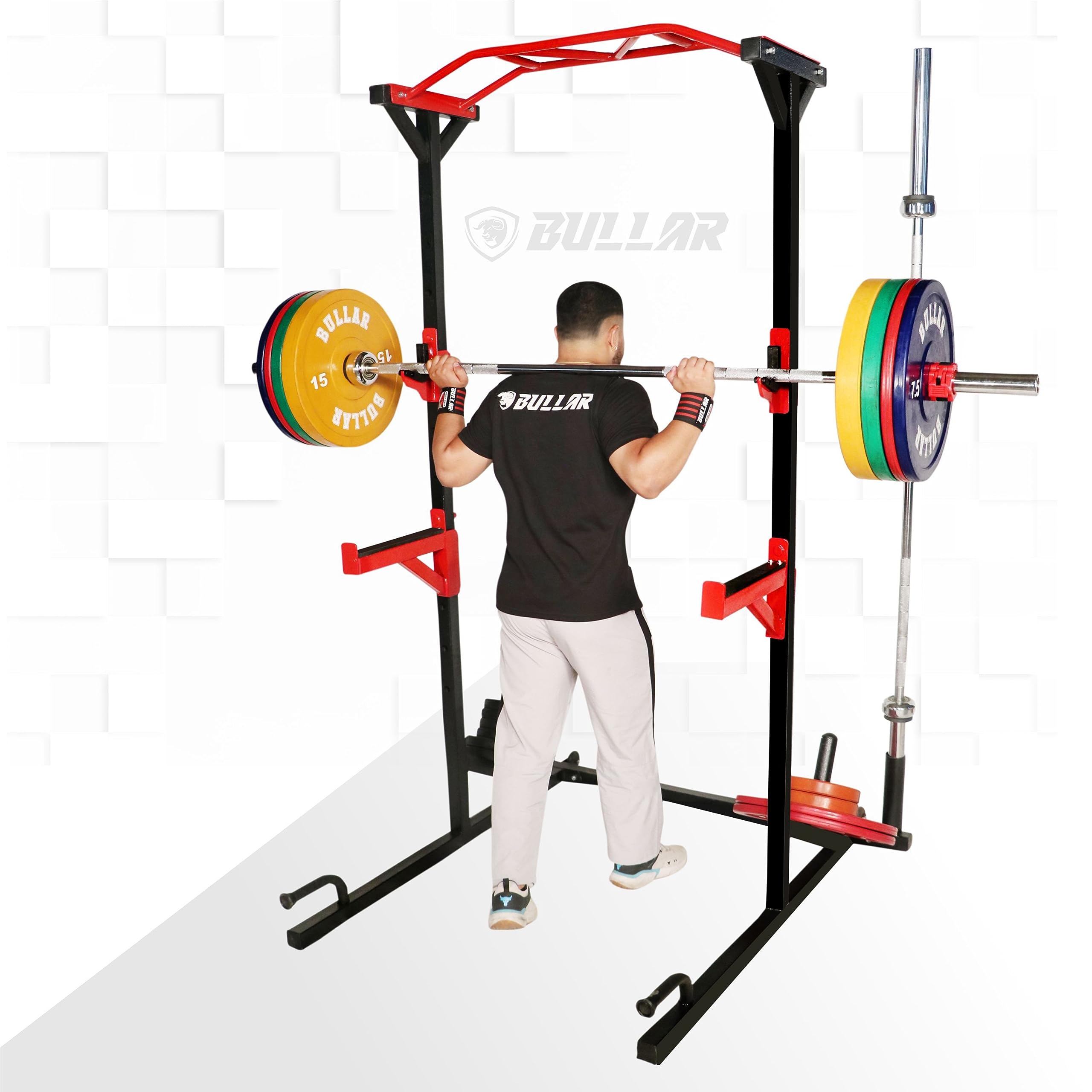 BULLAR Heavy-Duty Adjustable Power Squat Rack Pro – Triangle Base, Safety Lock, 500 lb Load Capacity