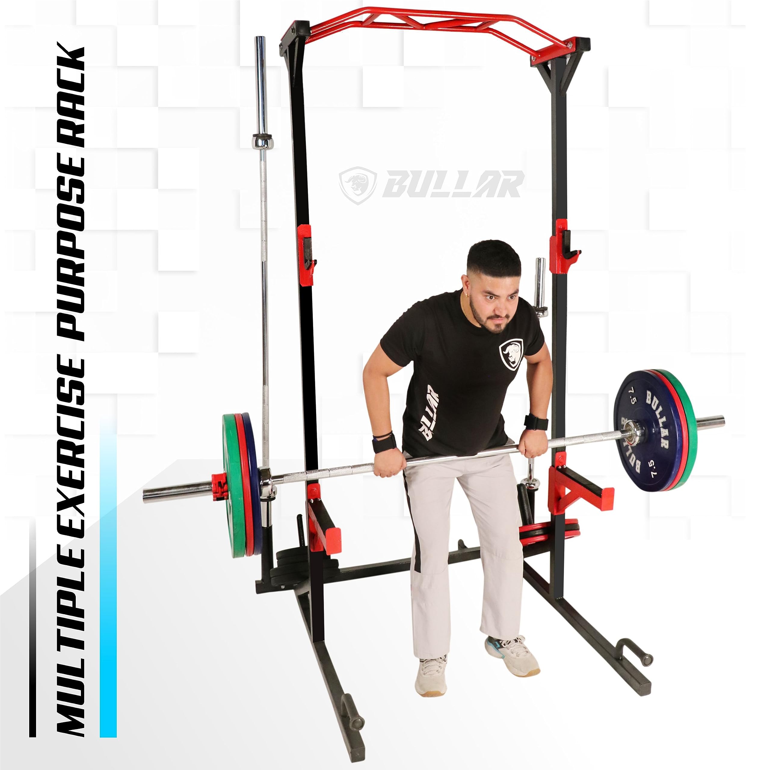 BULLAR Heavy-Duty Adjustable Power Squat Rack Pro – Triangle Base, Safety Lock, 500 lb Load Capacity