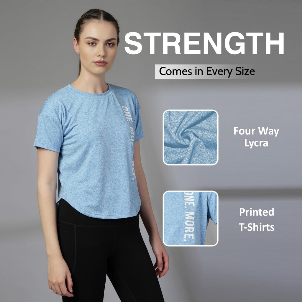CHKOKKO Women’s Active Sports Wear Printed Apple Cut T-Shirt – Self Blue (Size L)