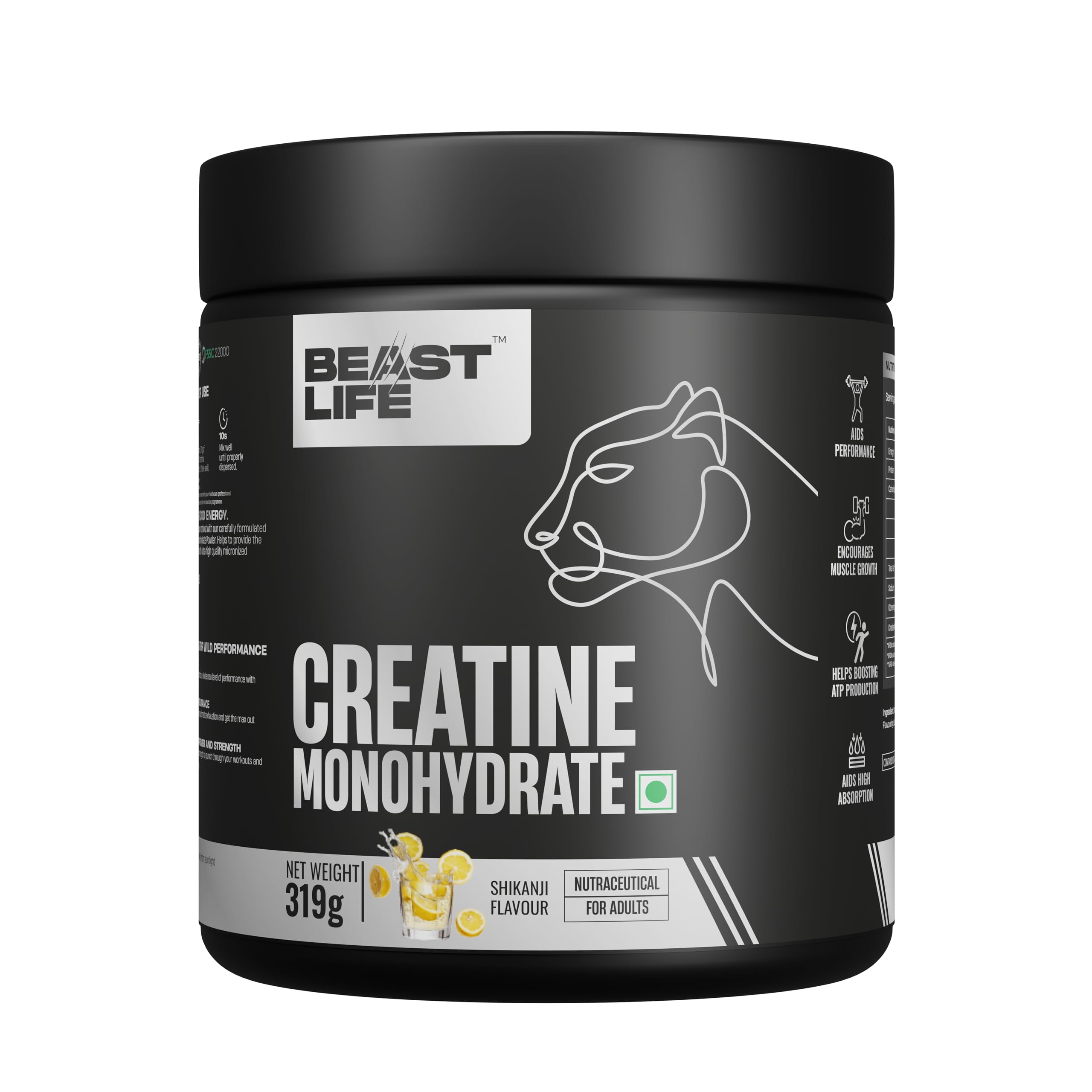 BeastLife Micronised Creatine Monohydrate (Shikanji Flavour) – NABL Lab Tested, Rapid Absorption, 319 g / ~86 Servings – Strength & Recovery Booster