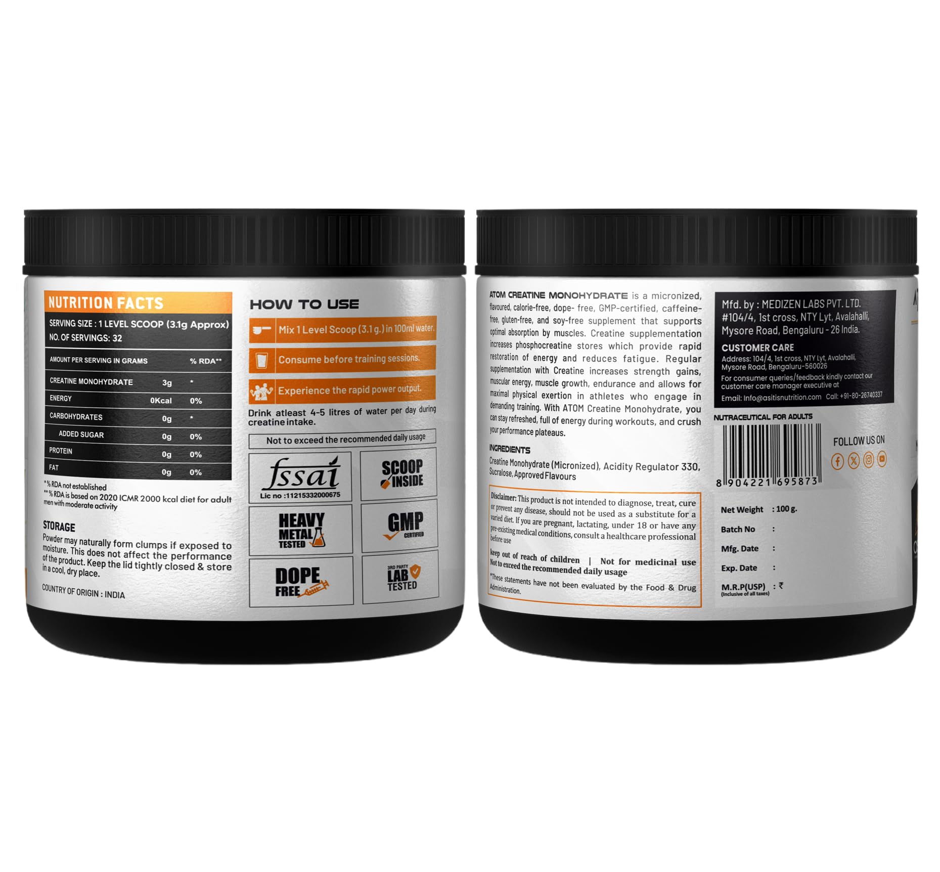 AS-IT-IS ATOM Creatine Monohydrate 100 g – Micronised, Dope-Free Supplement for Muscle Strength & Performance (≈ 32 Servings)  Nutrabay +2 Nutriride +2