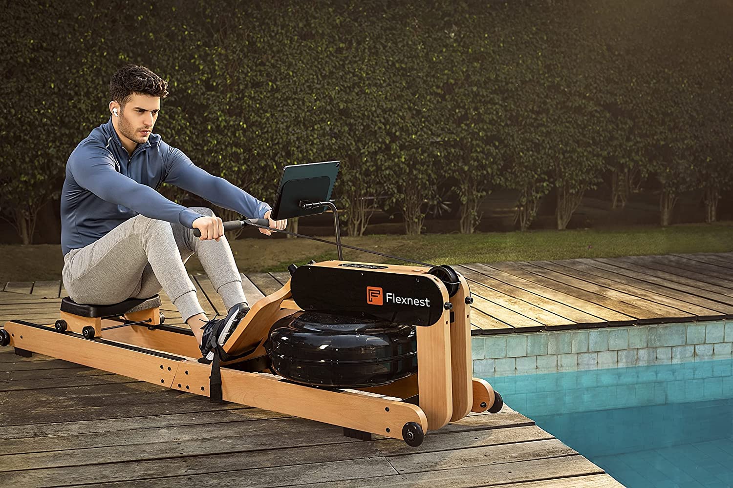 Flexnest Flexrower+ Water Rower – Bluetooth Smart, Imported Wood, Trainer-Led & Virtual Rows
