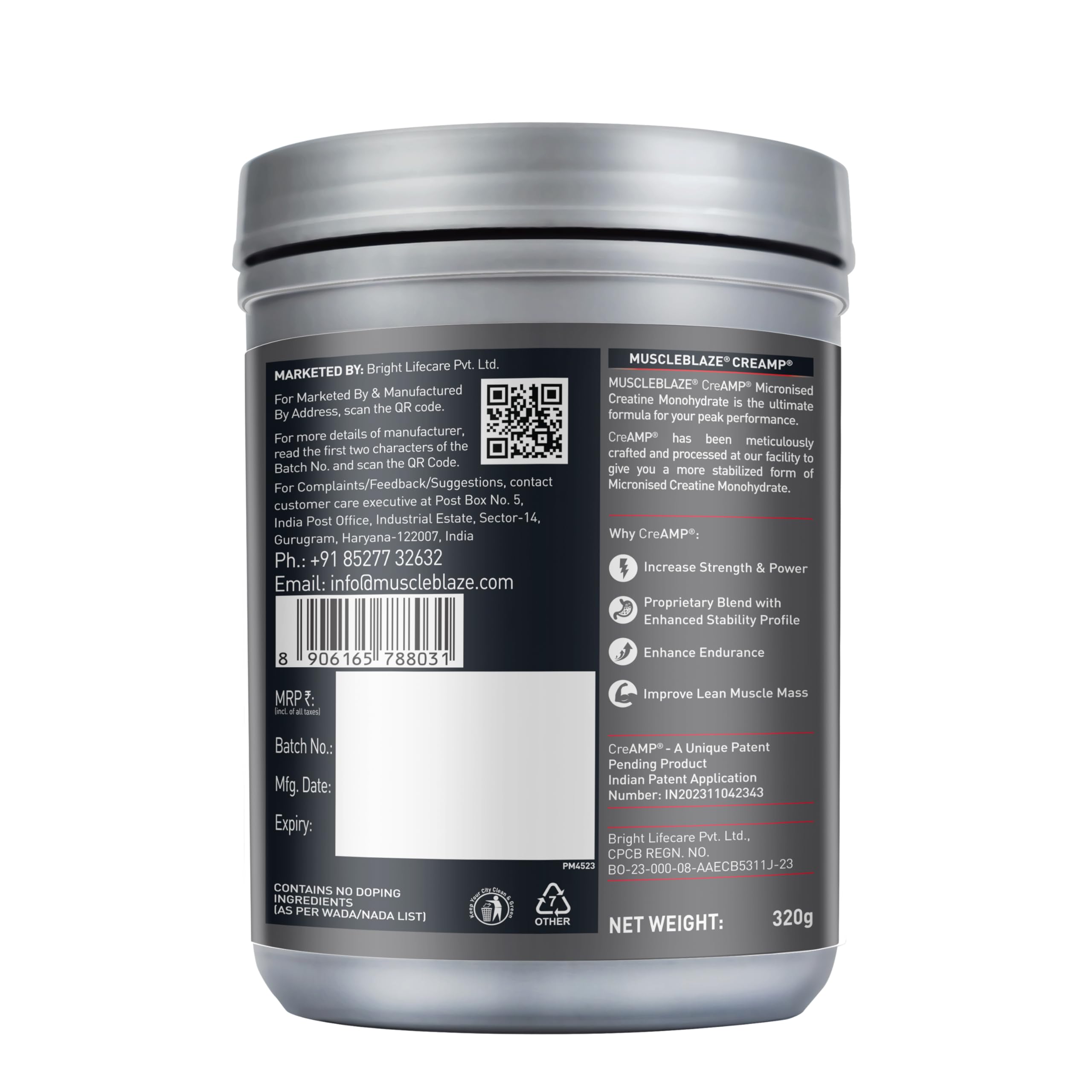 MuscleBlaze CreAMP Micronised Creatine Monohydrate – Trustified Certified, Unflavoured / Flavored, High Absorption Formula
