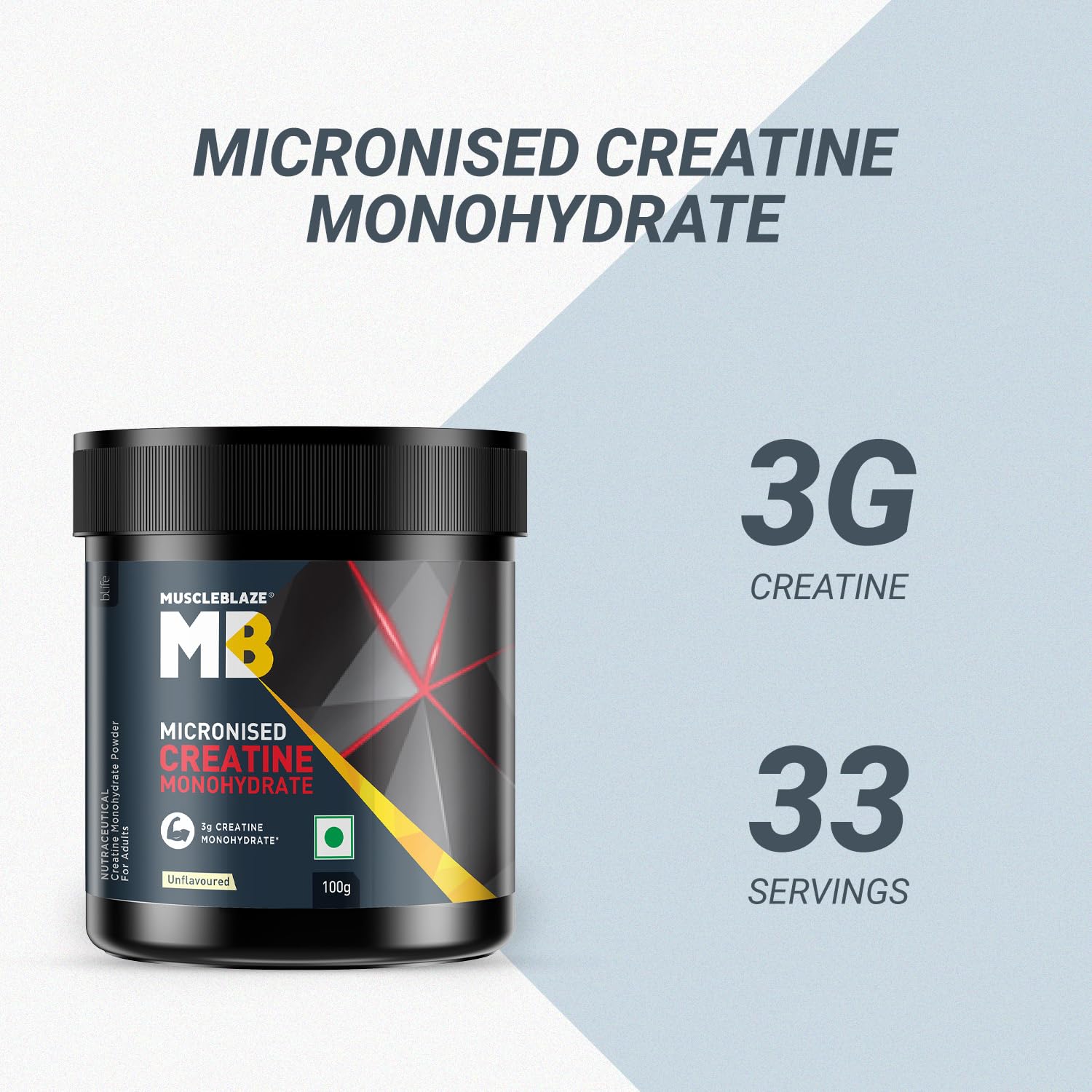 MuscleBlaze Micronized Creatine Monohydrate Unflavoured – Trustified Certified (100 g / 33 Servings) + BPA-Free Shaker | Pack of 2