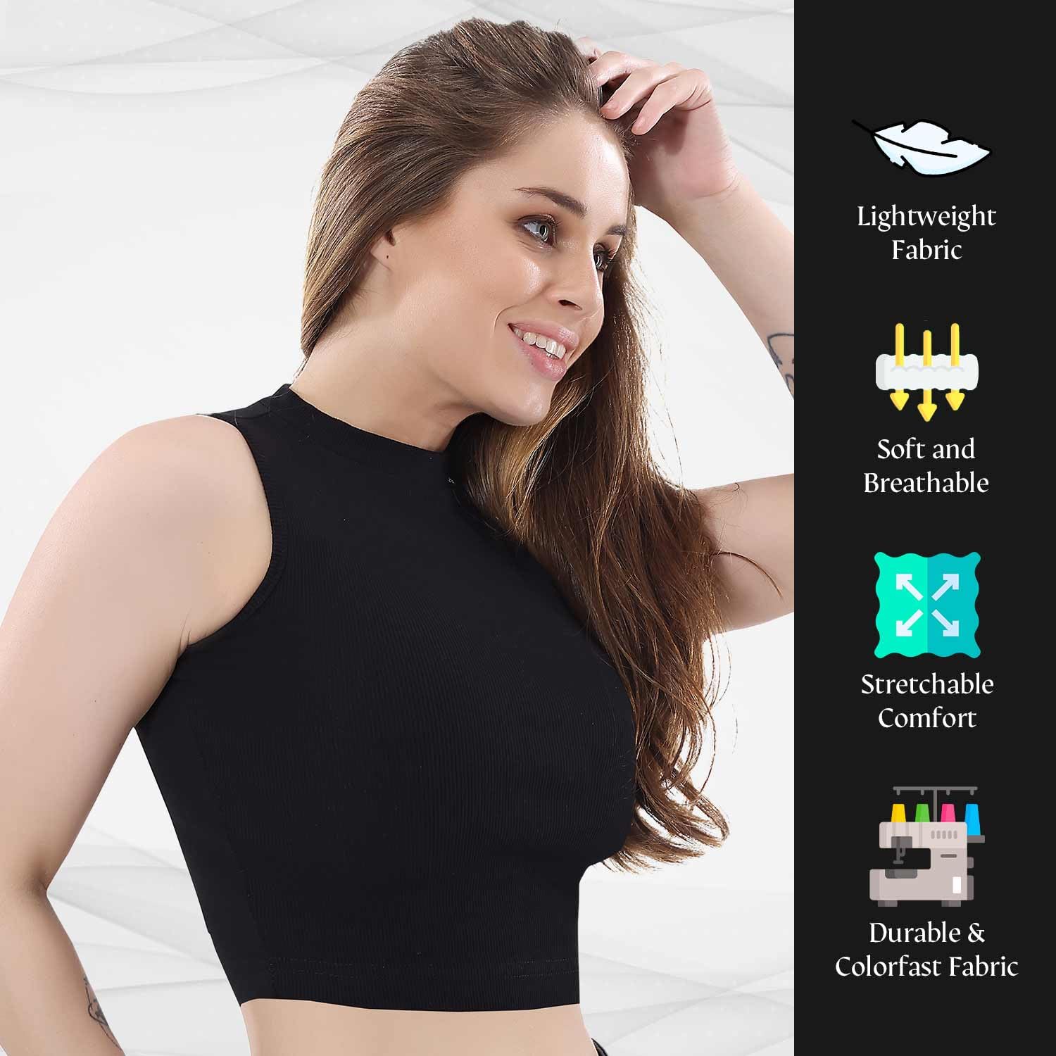 TRASA Women’s Rib-Knitted Cotton Racer-Back Crop Tank – Sleeveless, Slim Fit (Black, Large)