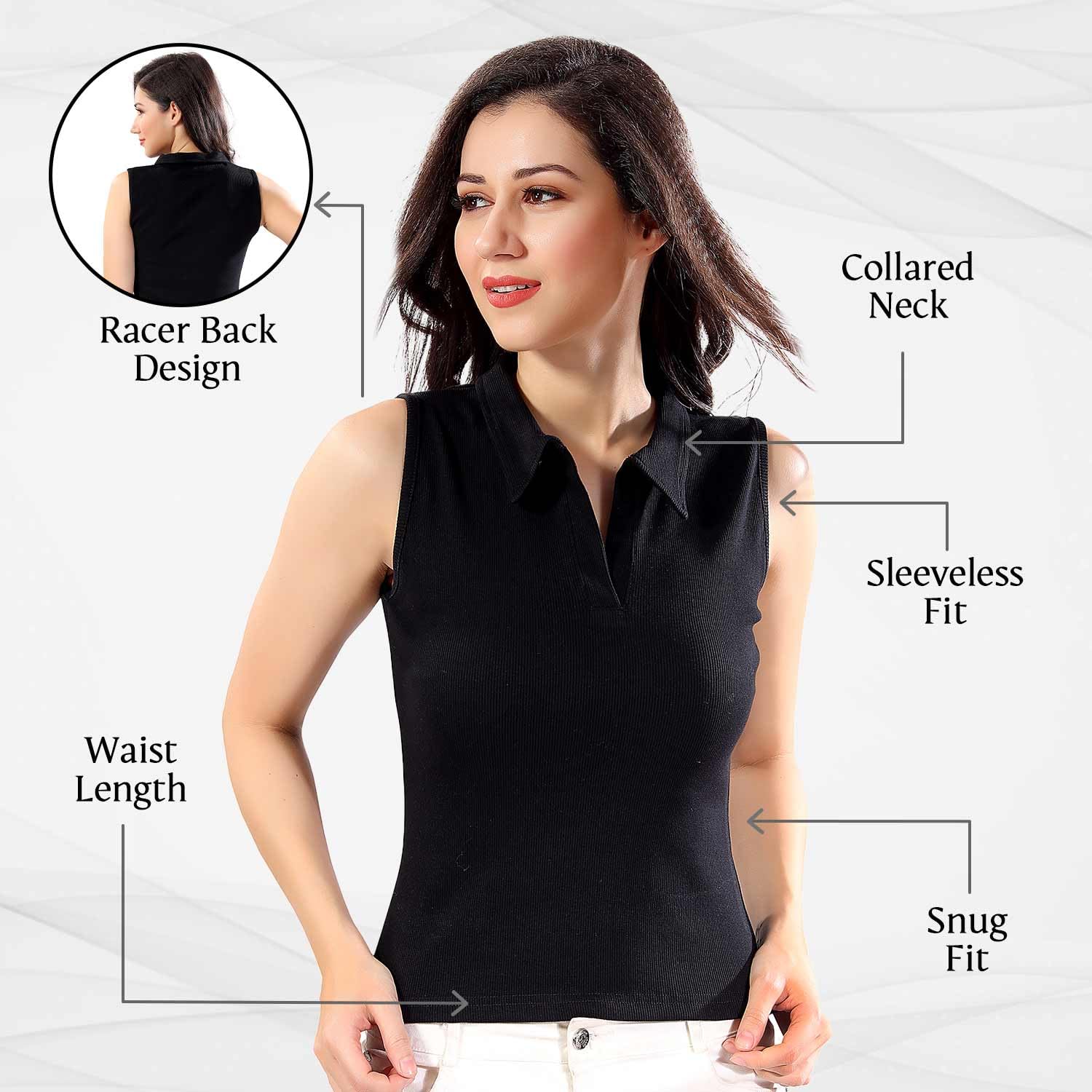 Trasa Women's Sleeveless Rib Knitted 100% Cotton Racer Back Tank Top with Collared Neck – Black (Medium, Slim Fit)