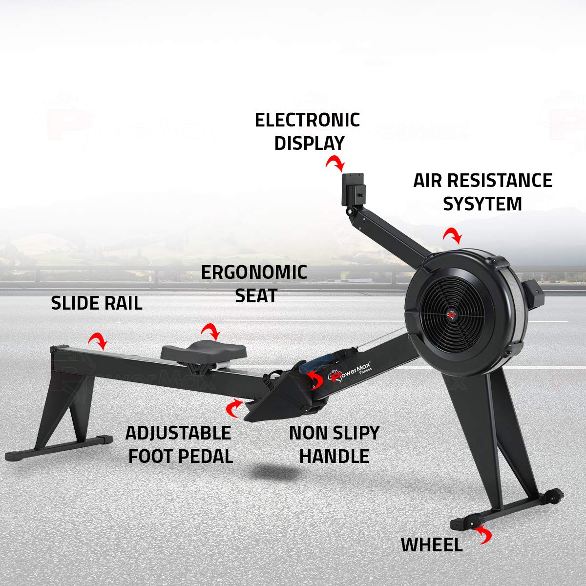 PowerMax RAC-2500 Air Rower – 10-Level Air Resistance, 160 kg Capacity, Commercial LCD Monitor