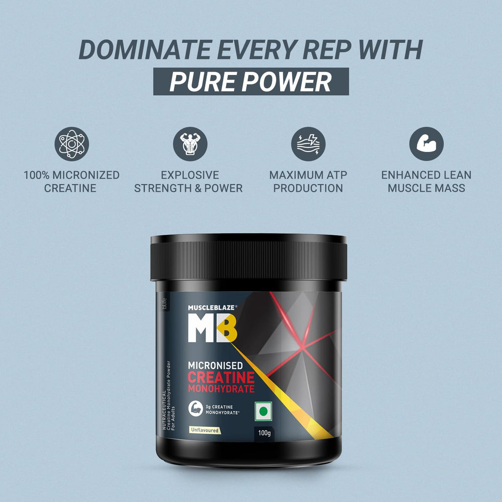 MuscleBlaze Micronized Creatine Monohydrate Unflavoured – Trustified Certified (100 g / 33 Servings) + BPA-Free Shaker | Pack of 2