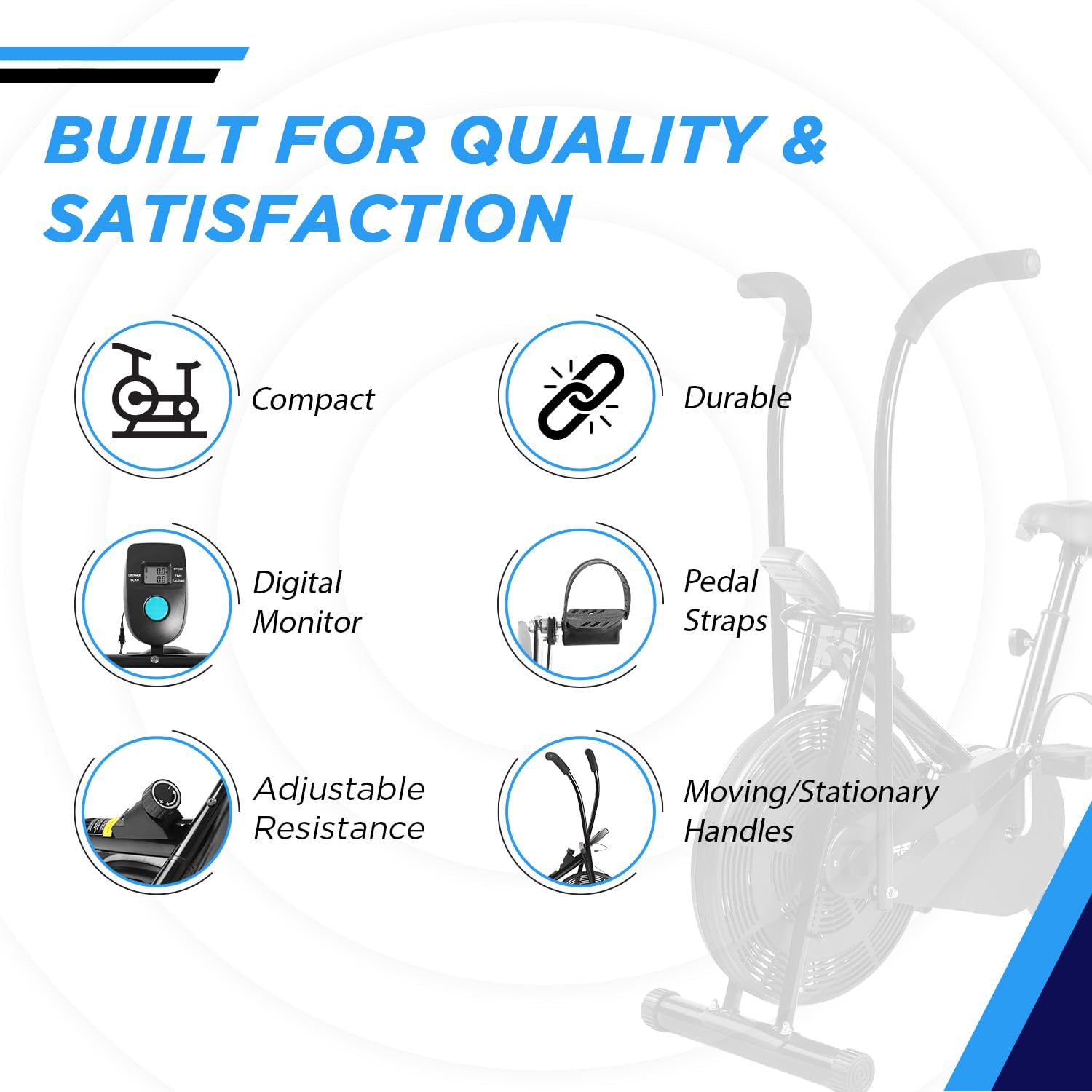 Reach AB-110 Air Bike – Moving/Stationary Handles, Adjustable Resistance & Cushioned Seat