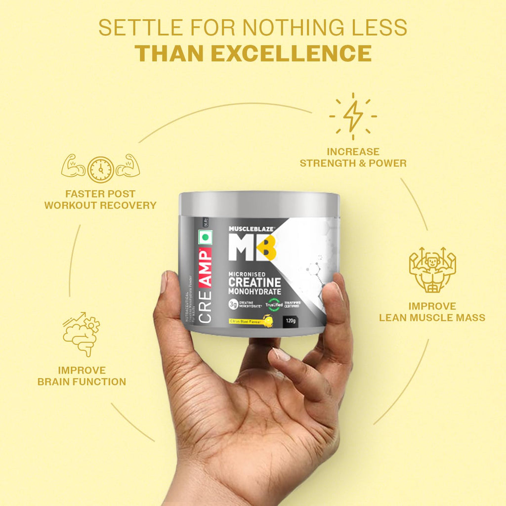 MuscleBlaze Creatine Monohydrate CreAMP™ with CreAbsorb™ – Trustified Certified Pure & Fast-Absorbing Creatine (100g / 3 g Serving)