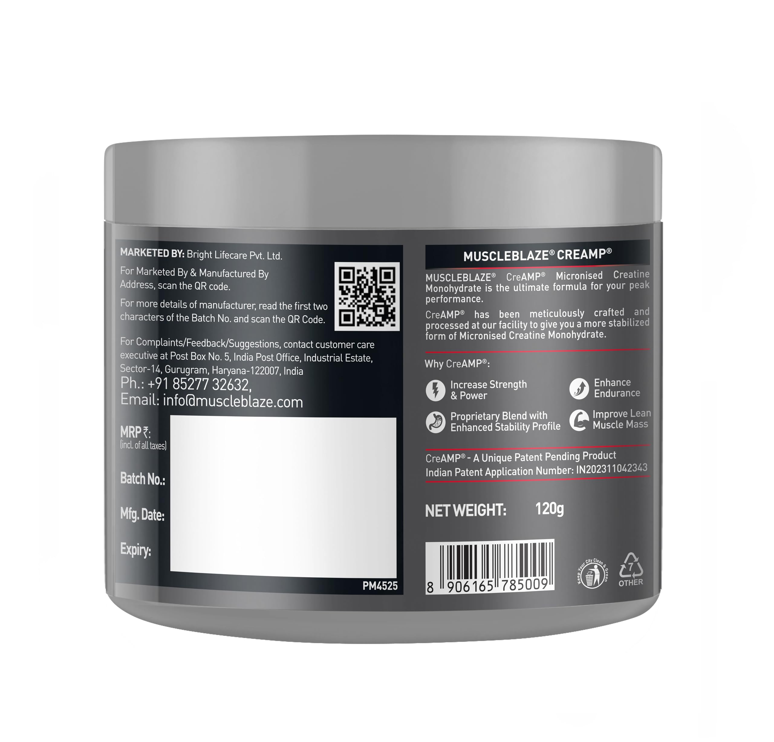 MuscleBlaze Creatine Monohydrate CreAMP™ with CreAbsorb™ – Trustified Certified Pure & Fast-Absorbing Creatine (100g / 3 g Serving)