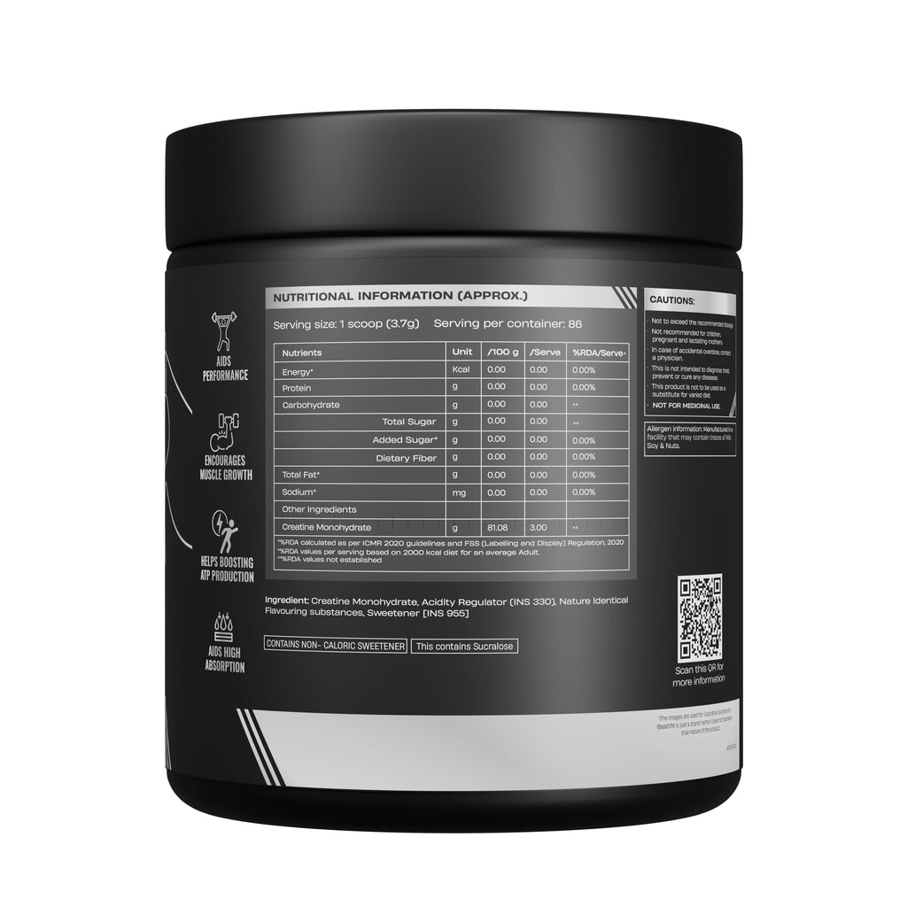 BeastLife Micronised Creatine Monohydrate (Shikanji Flavour) – NABL Lab Tested, Rapid Absorption, 319 g / ~86 Servings – Strength & Recovery Booster