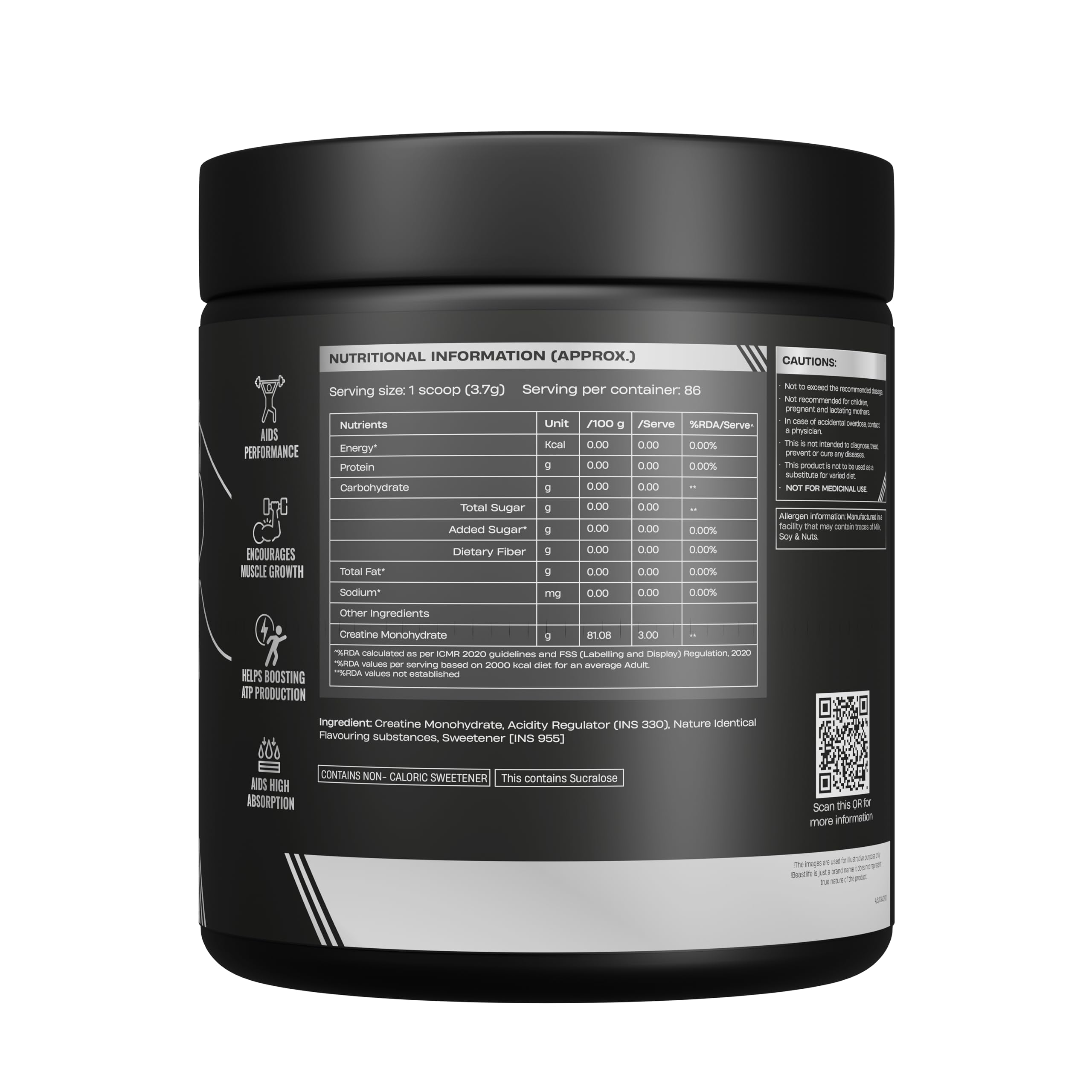 BeastLife Micronised Creatine Monohydrate (Shikanji Flavour) – NABL Lab Tested, Rapid Absorption, 319 g / ~86 Servings – Strength & Recovery Booster