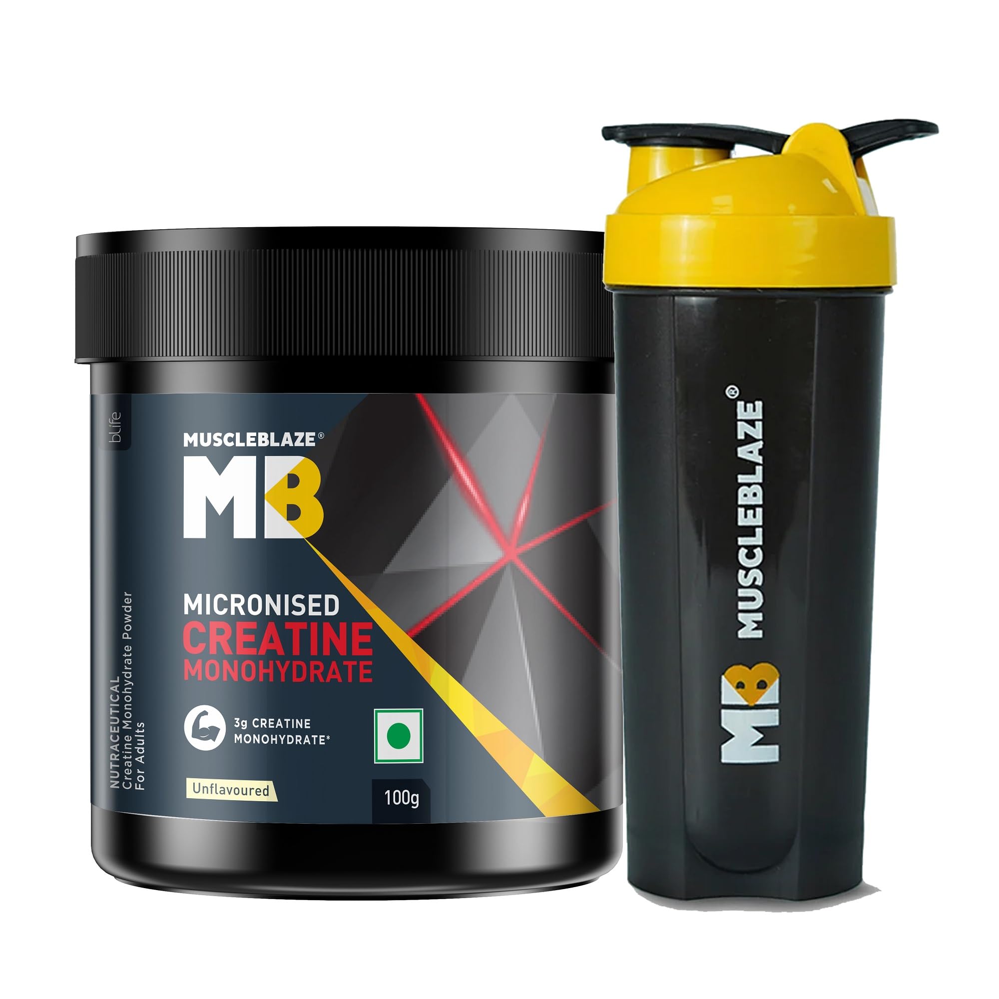 MuscleBlaze Micronized Creatine Monohydrate Unflavoured – Trustified Certified (100 g / 33 Servings) + BPA-Free Shaker | Pack of 2