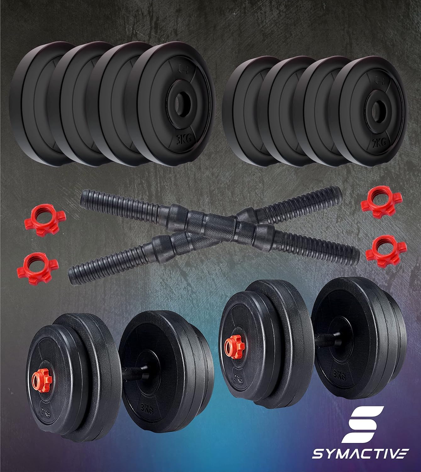Amazon Brand Symactive Adjustable Dumbbell Set – 20 kg PVC Weights with 14″ Rods & Nuts
