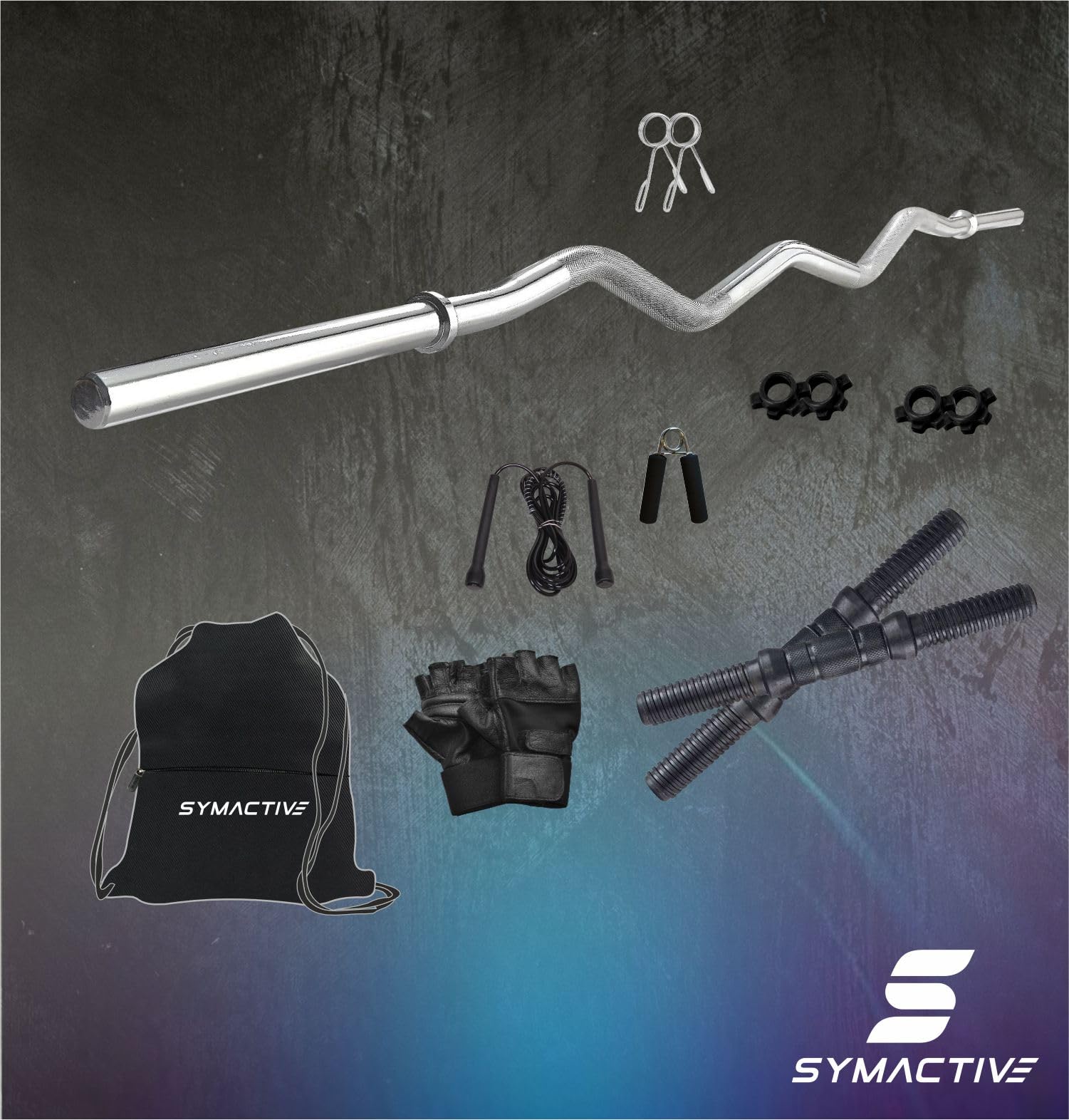 Amazon Brand Symactive PVC Home Gym Set with Accessories – Includes Curl Rod, Dumbbell Rods, Gym Bag