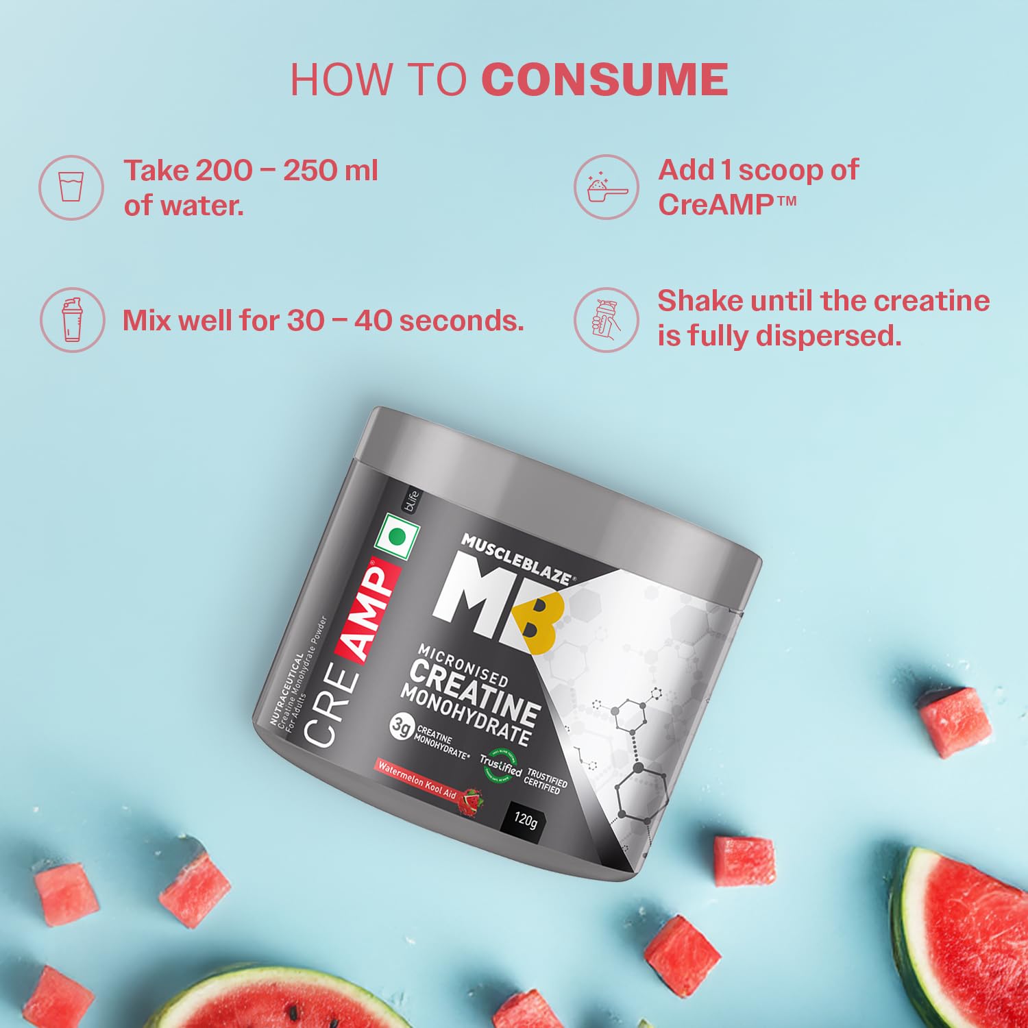 MuscleBlaze CreAMP Micronised Creatine Monohydrate (Watermelon Kool Aid) – 80 Servings / 320 g, Trustified Certified Creatine Supplement