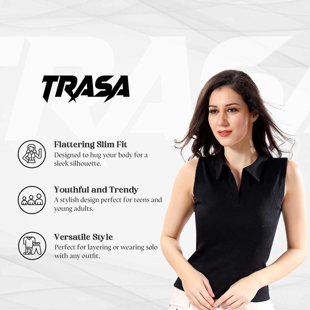 Trasa Women's Sleeveless Rib Knitted 100% Cotton Racer Back Tank Top with Collared Neck – Black (Medium, Slim Fit)