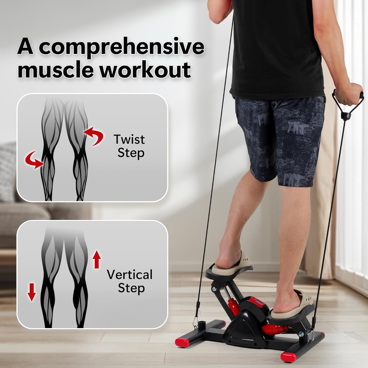 DASNDAS Mini Stair Stepper with Resistance Bands – Hydraulic Exercise Equipment for Home Workout, Compact & Quiet Fitness Machine