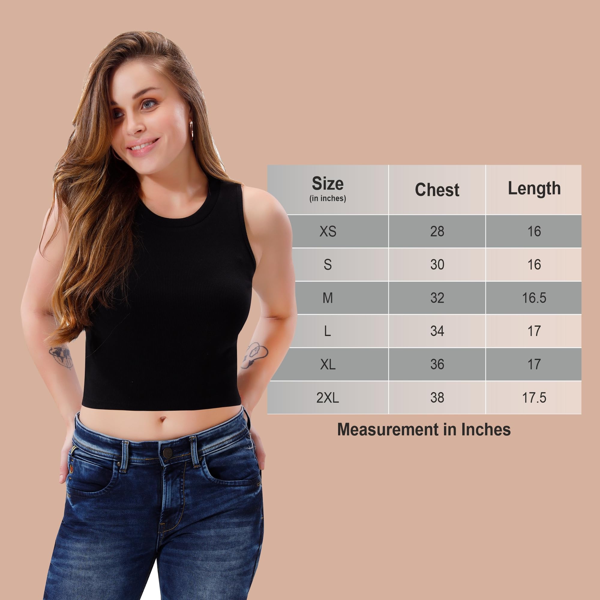 Trasa Women's Sleeveless Rib Knitted Cotton Racer Back Tank Top – Crew Neck Crop Top in Black (Size Large, Slim Fit)
