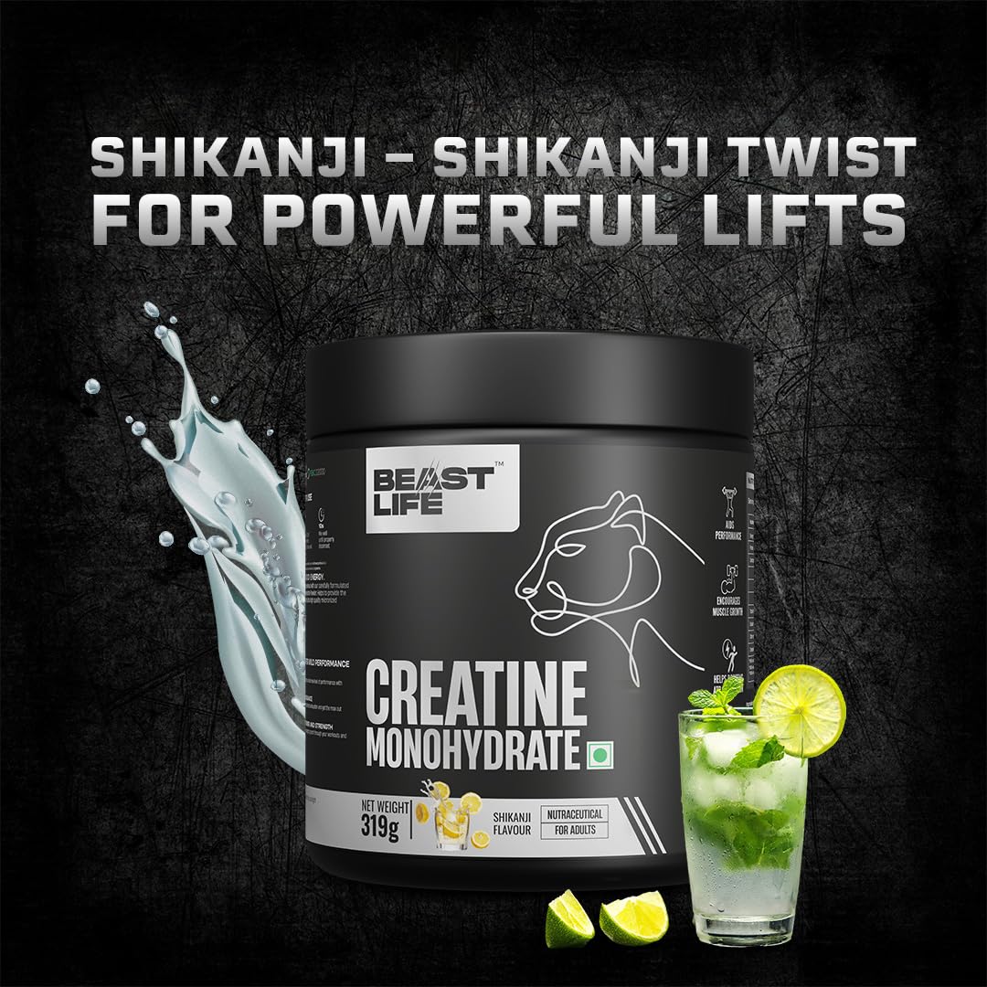BeastLife Micronised Creatine Monohydrate (Shikanji Flavour) – NABL Lab Tested, Rapid Absorption, 319 g / ~86 Servings – Strength & Recovery Booster