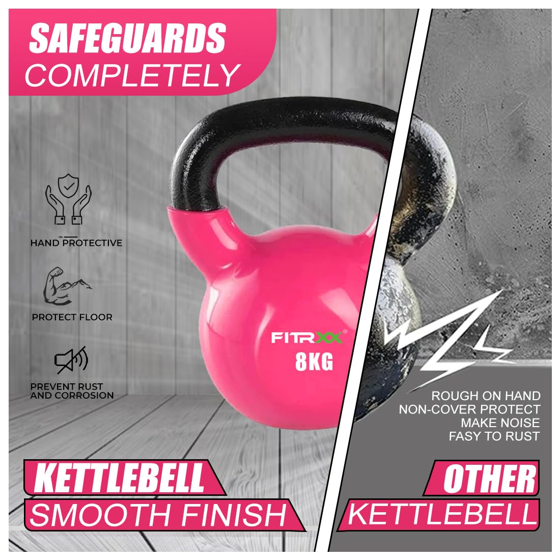 FITRXX Coated Solid Kettlebell – 8 Kilograms, Pink – Durable Weight for Strength Training