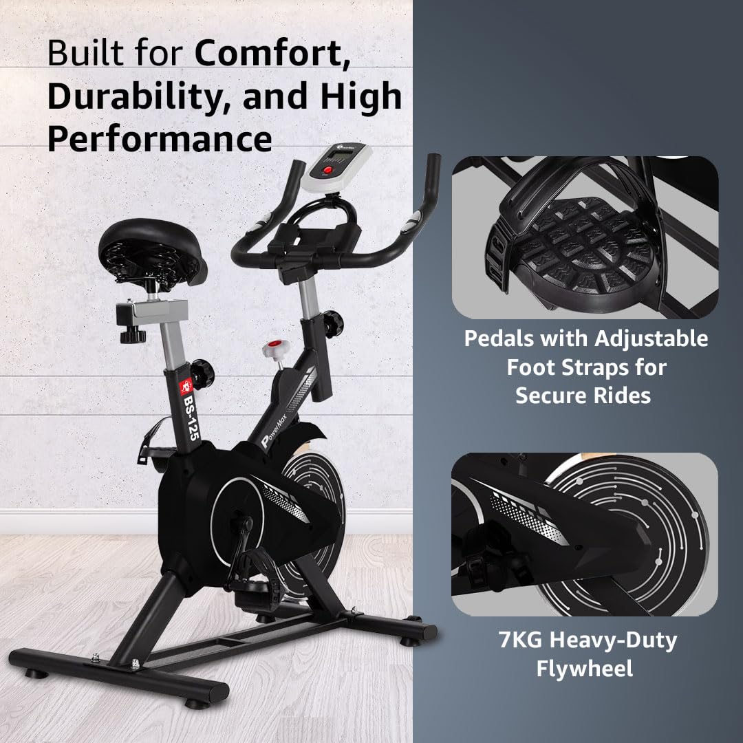 PowerMax Fitness BS-125 Upright Spin Bike – 7 kg Flywheel, Adjustable Seat & LCD Console