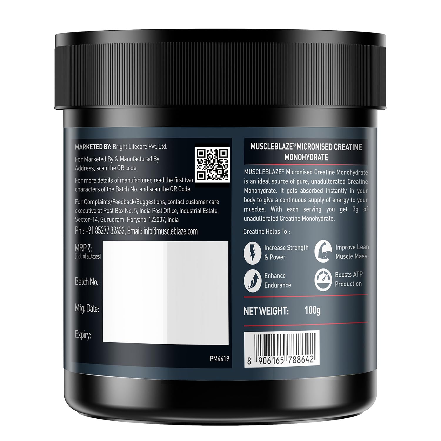 MuscleBlaze Micronized Creatine Monohydrate Unflavoured – Trustified Certified (100 g / 33 Servings) + BPA-Free Shaker | Pack of 2