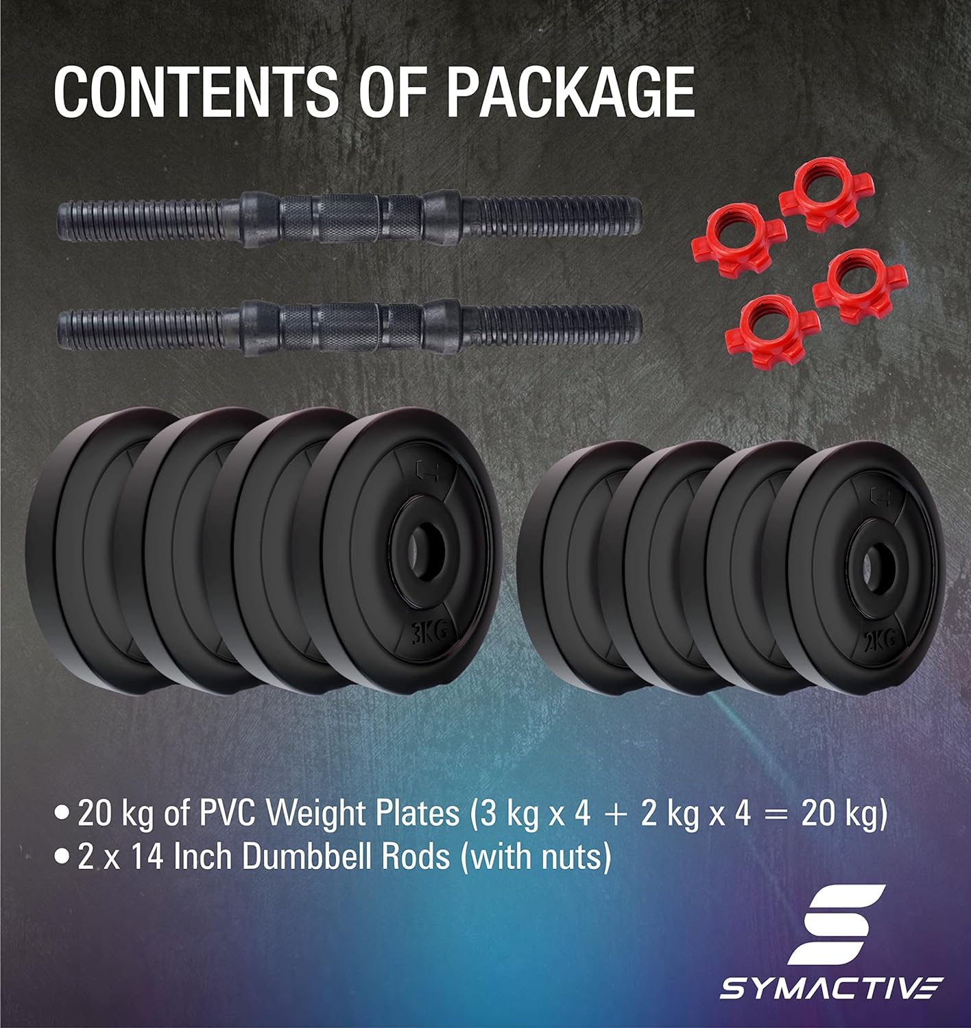 Amazon Brand Symactive Adjustable Dumbbell Set – 20 kg PVC Weights with 14″ Rods & Nuts