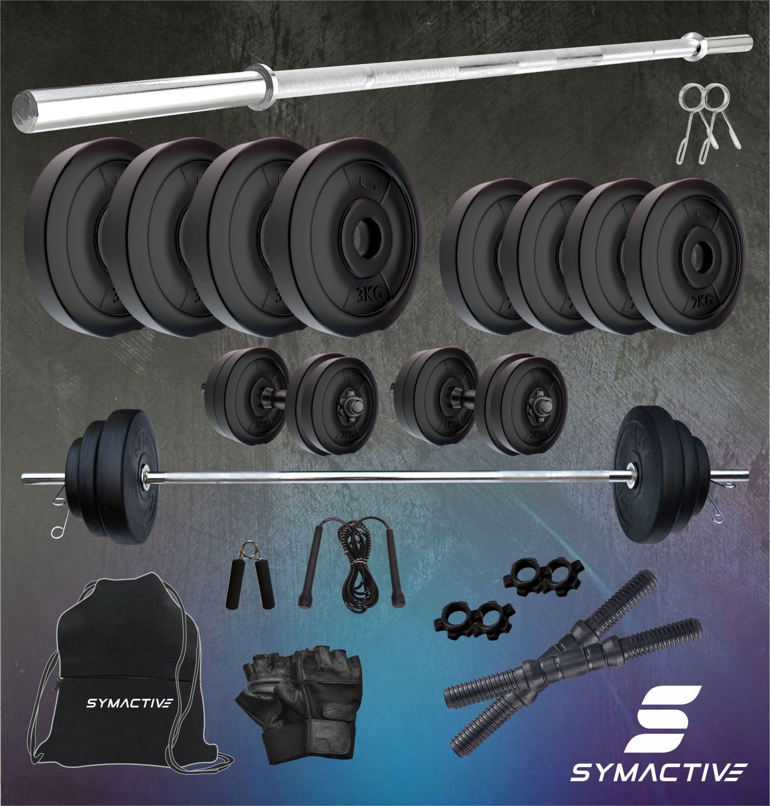 Amazon Brand Symactive PVC Accessories Set for Home Gym – Includes Curl & Dumbbell Rods, Gym Bag