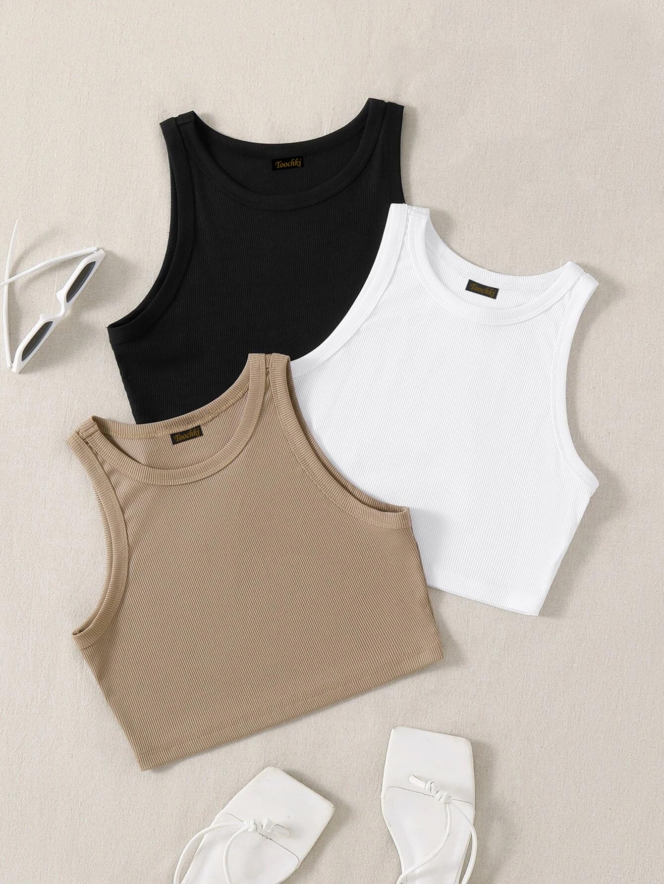 Toochki Women’s Spandex Crop Tops – Pack of 3 (Black, White & Beige/Grey), Stretchy & Comfortable