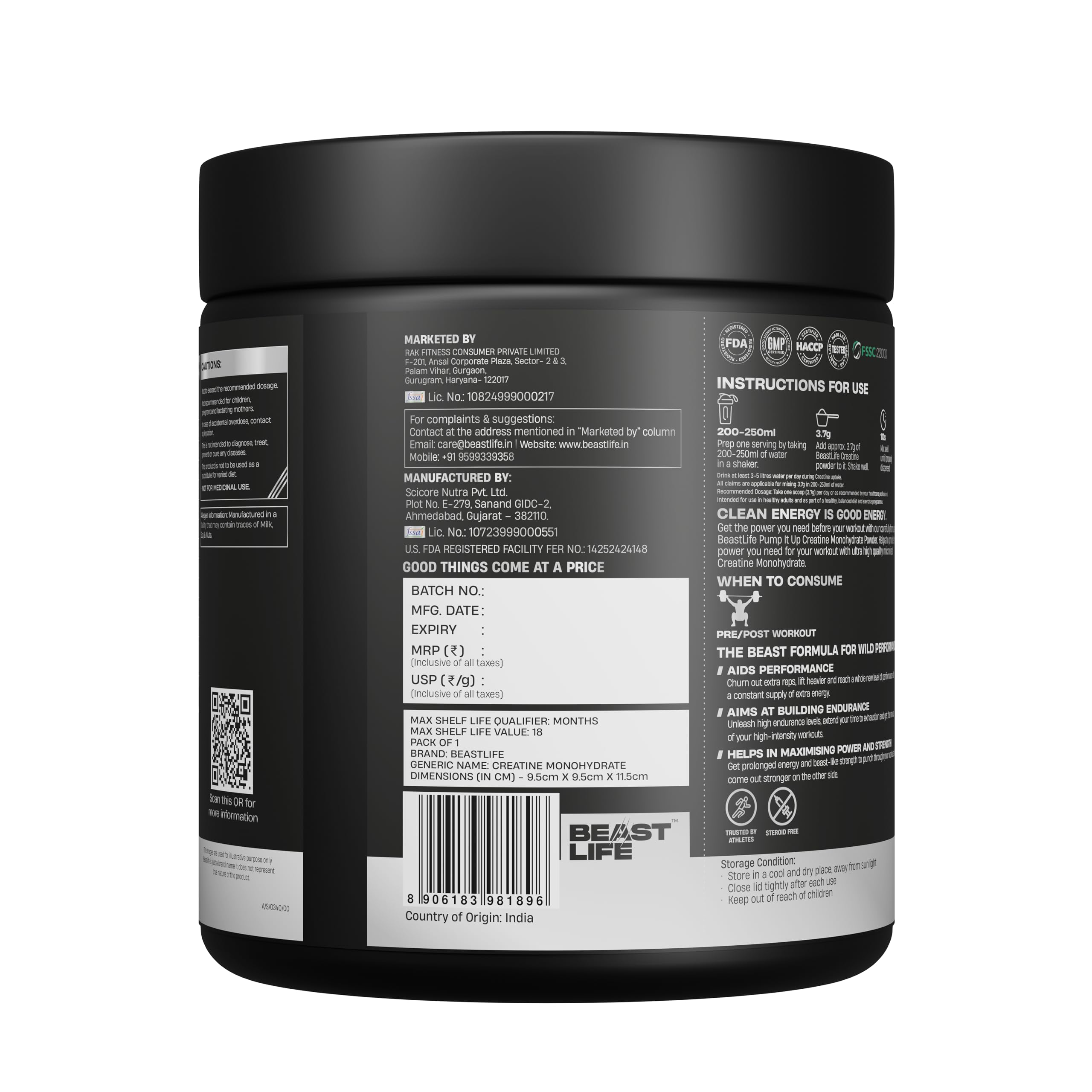 BeastLife Micronised Creatine Monohydrate (Shikanji Flavour) – NABL Lab Tested, Rapid Absorption, 319 g / ~86 Servings – Strength & Recovery Booster