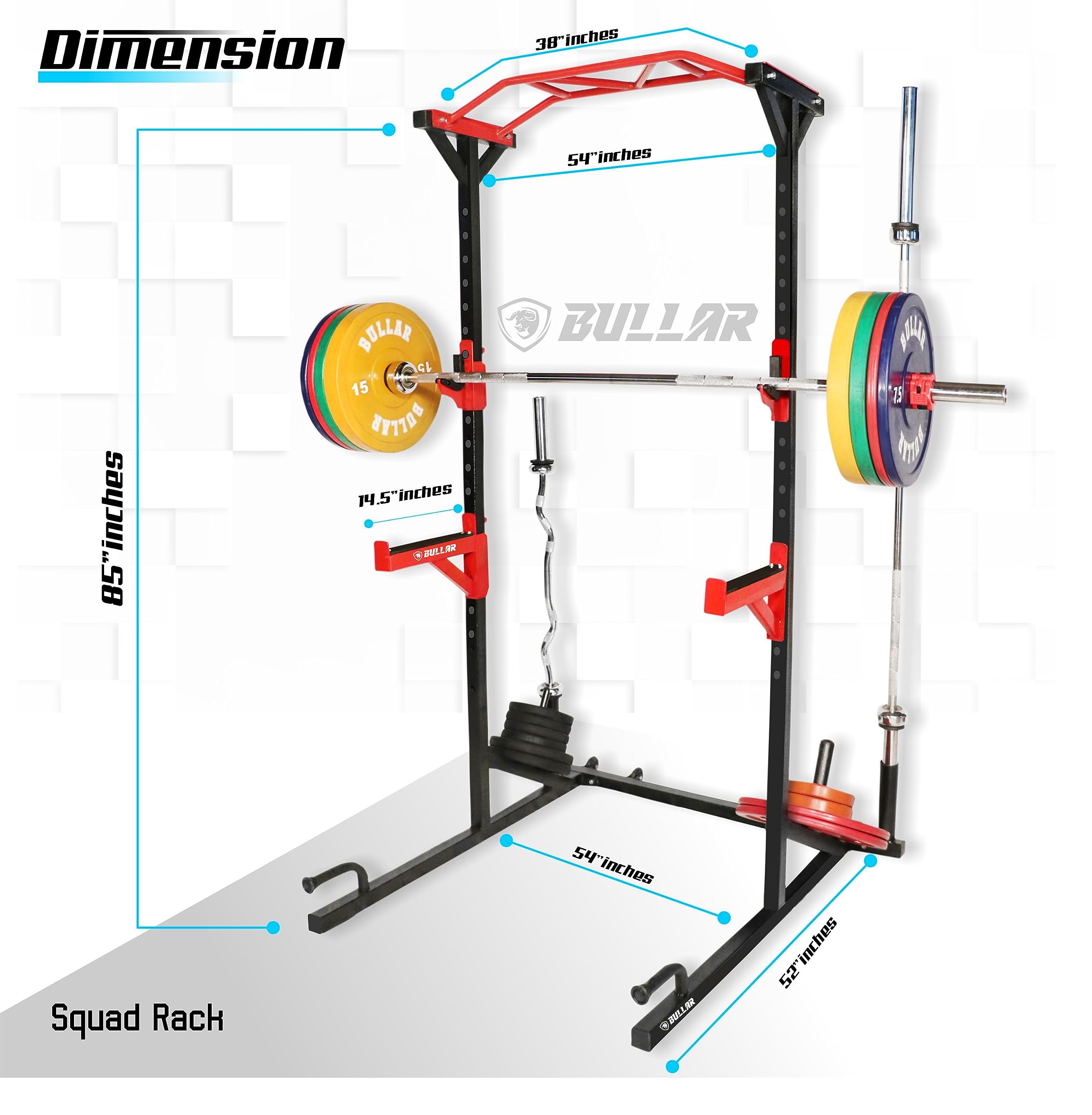 BULLAR Heavy-Duty Adjustable Power Squat Rack Pro – Triangle Base, Safety Lock, 500 lb Load Capacity