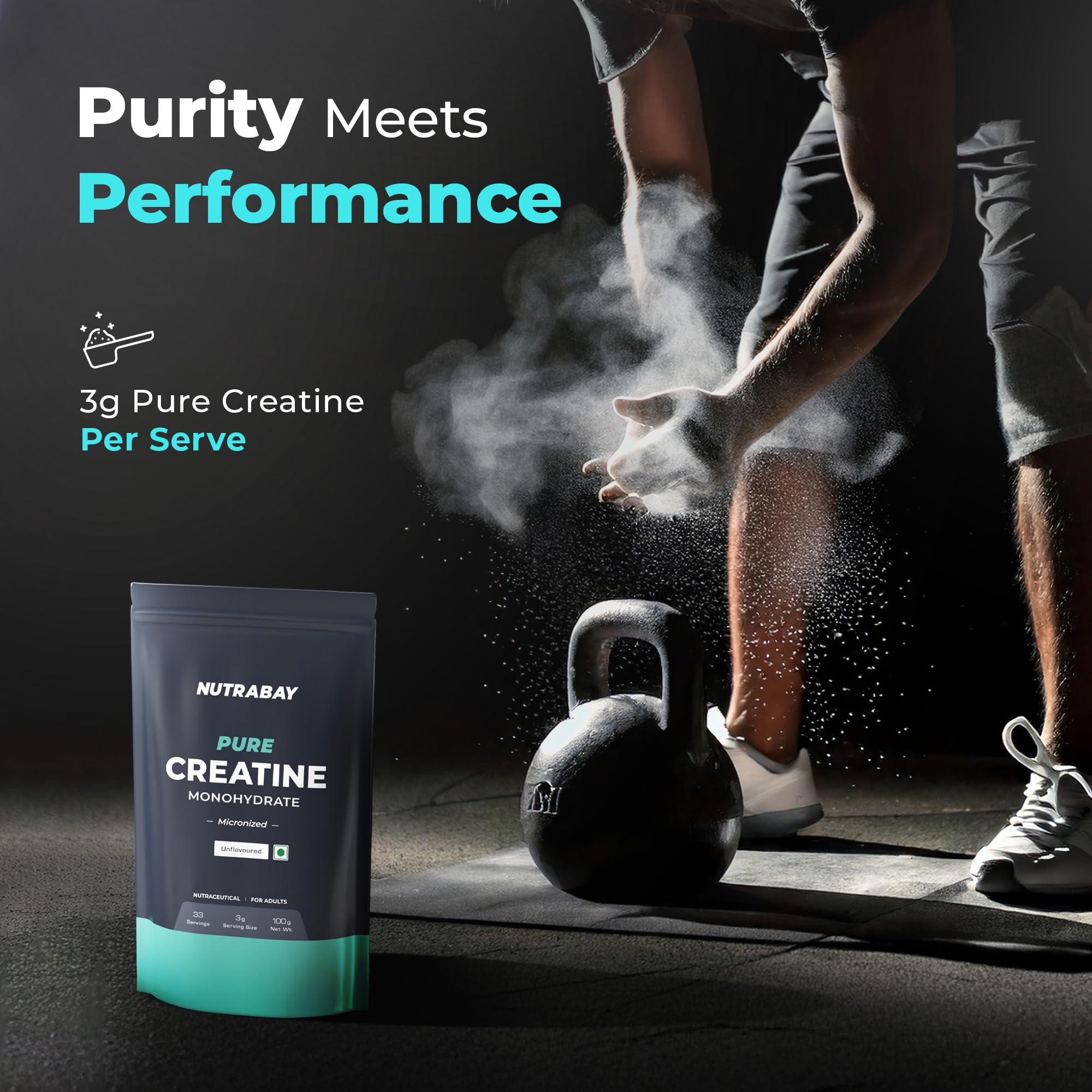 Nutrabay Pure Micronised Creatine Monohydrate – 100% Pure Unflavoured Strength & Performance Booster (3 g per Serving)