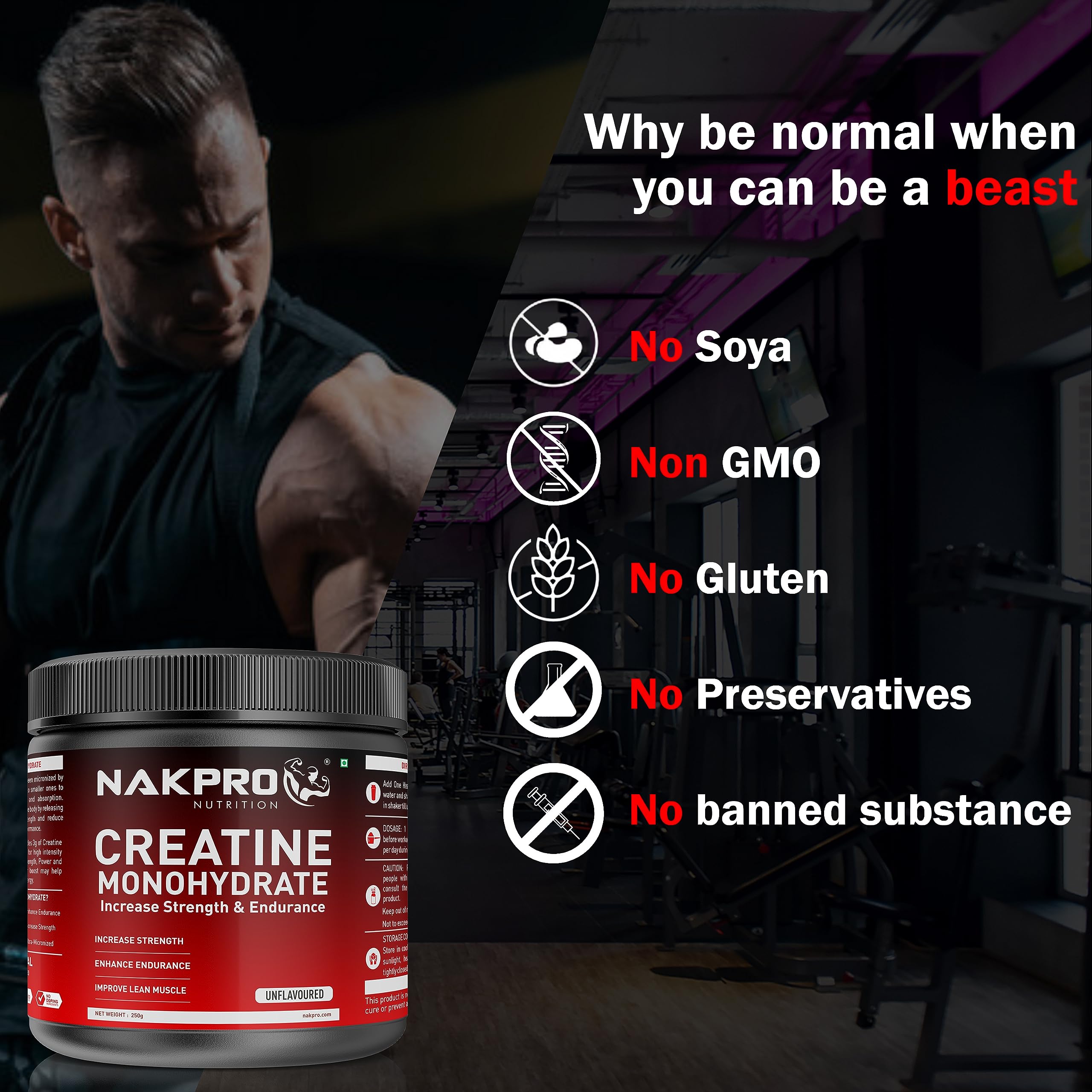 NAKPRO Micronized Creatine Monohydrate – Fast-Dissolving, Unflavoured, Pure Strength & Recovery Booster