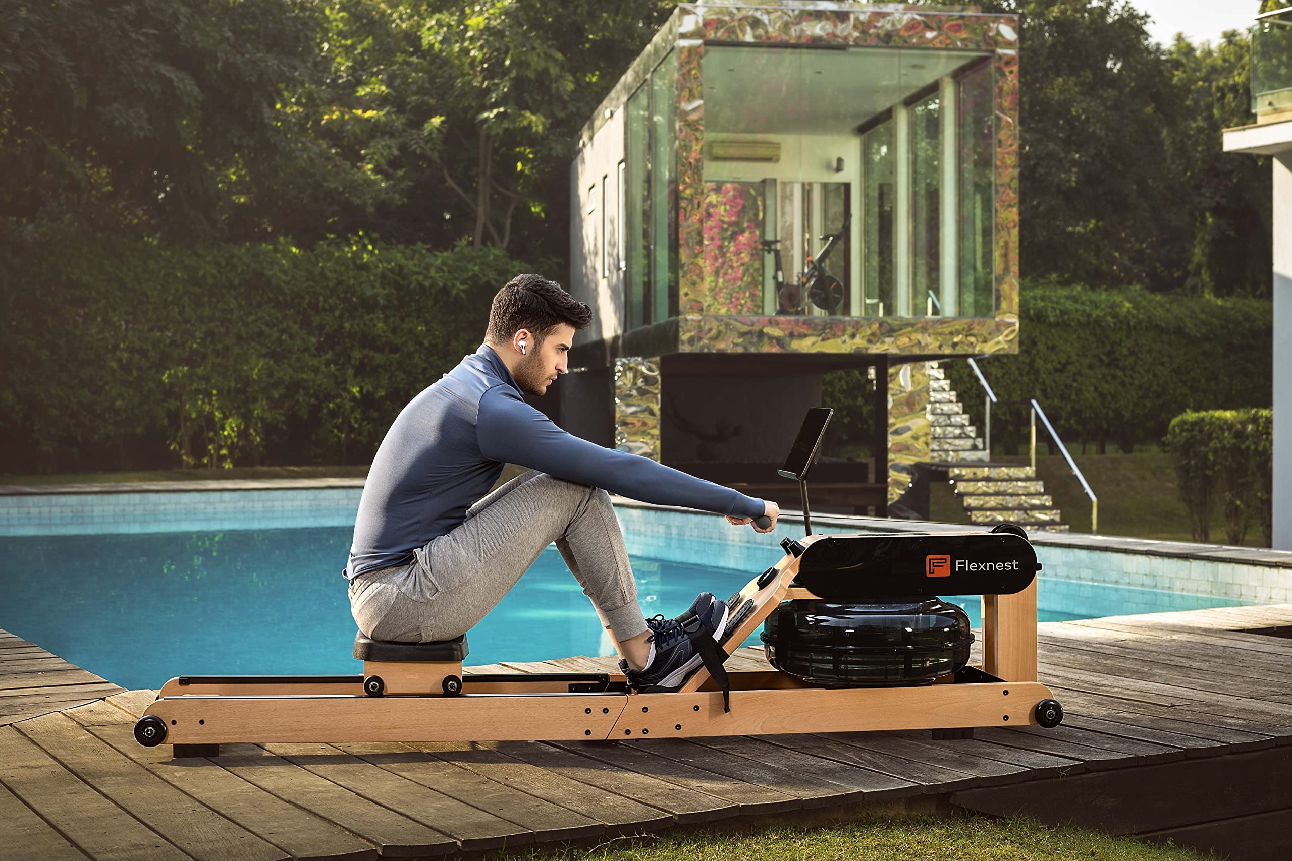 Flexnest Flexrower+ Water Rower – Bluetooth Smart, Imported Wood, Trainer-Led & Virtual Rows