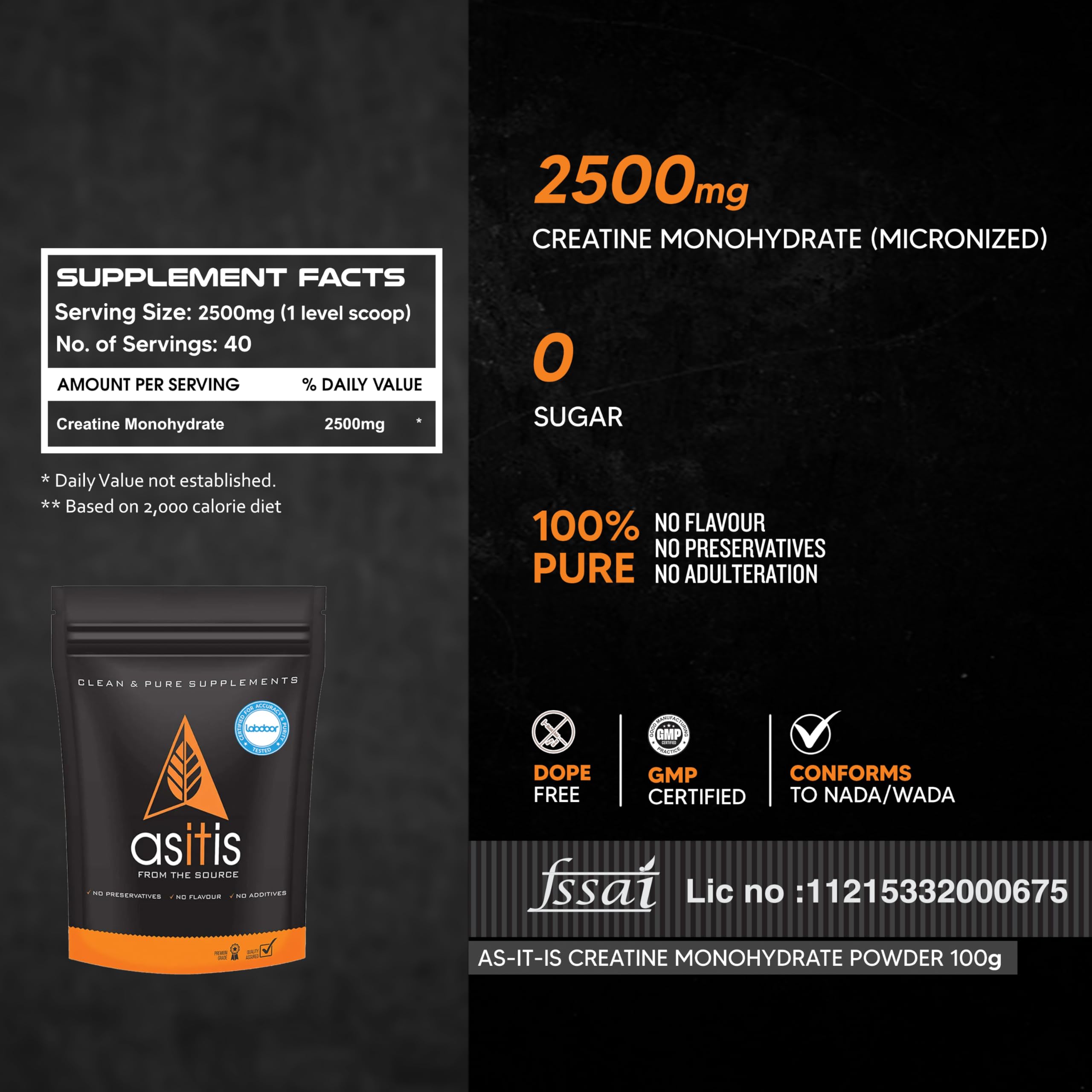 AS-IT-IS Creatine Monohydrate – 100% Pure, Micronized, USA Labdoor-Certified, Unflavoured, 2.5 g per Serving