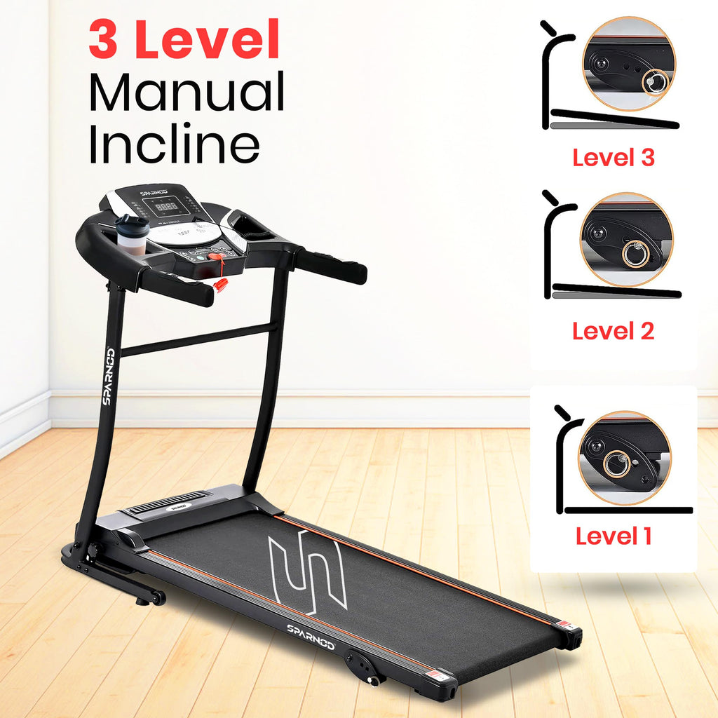 Sparnod Fitness STH-1200 Motorized Folding Treadmill – 4 HP Peak, 12 km/h, 12 Preset Workouts, Bluetooth & Hi-Fi Speakers