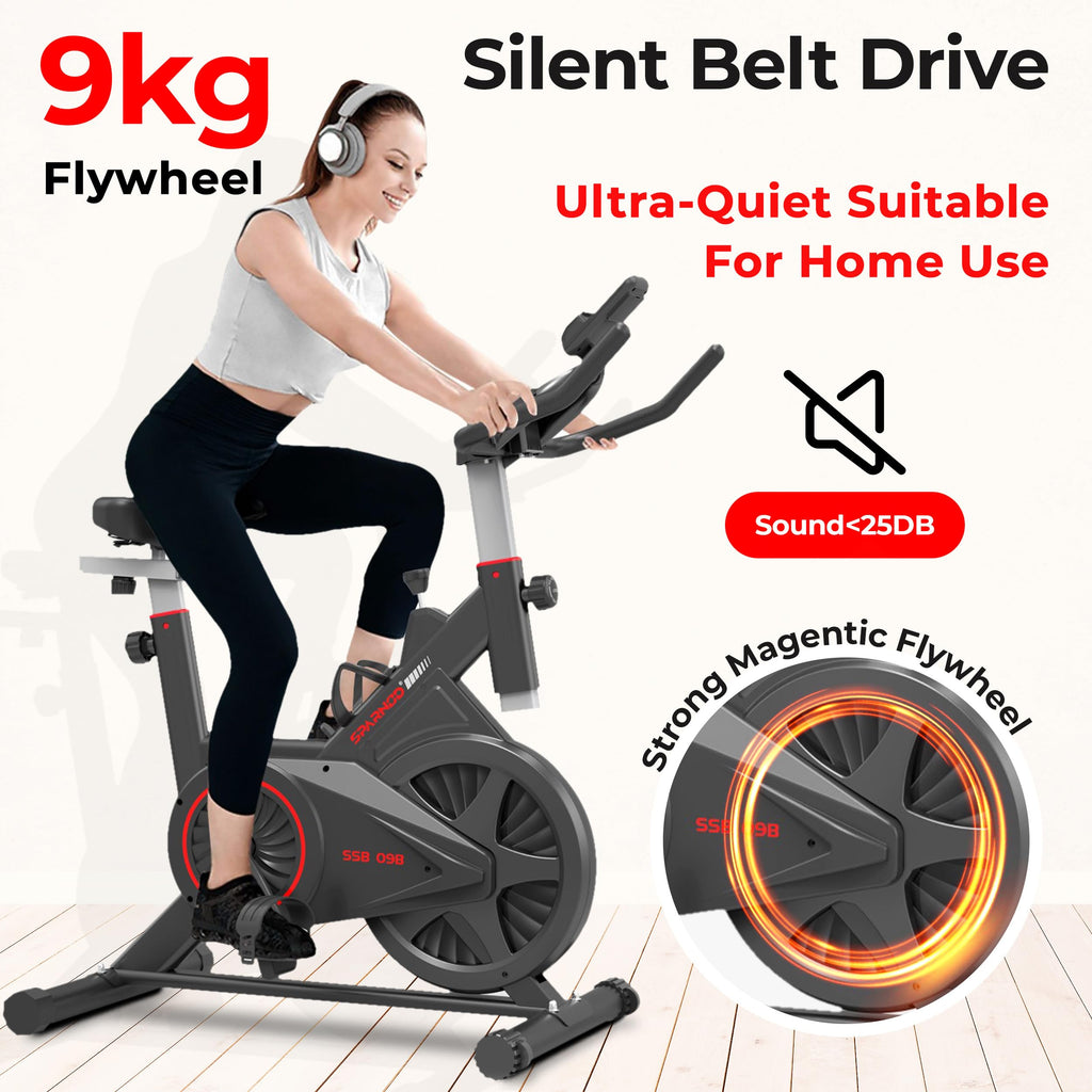 Sparnod Fitness SSB-09B Spin Bike – 9 kg Flywheel, Belt Drive, Adjustable Seat & Handlebar