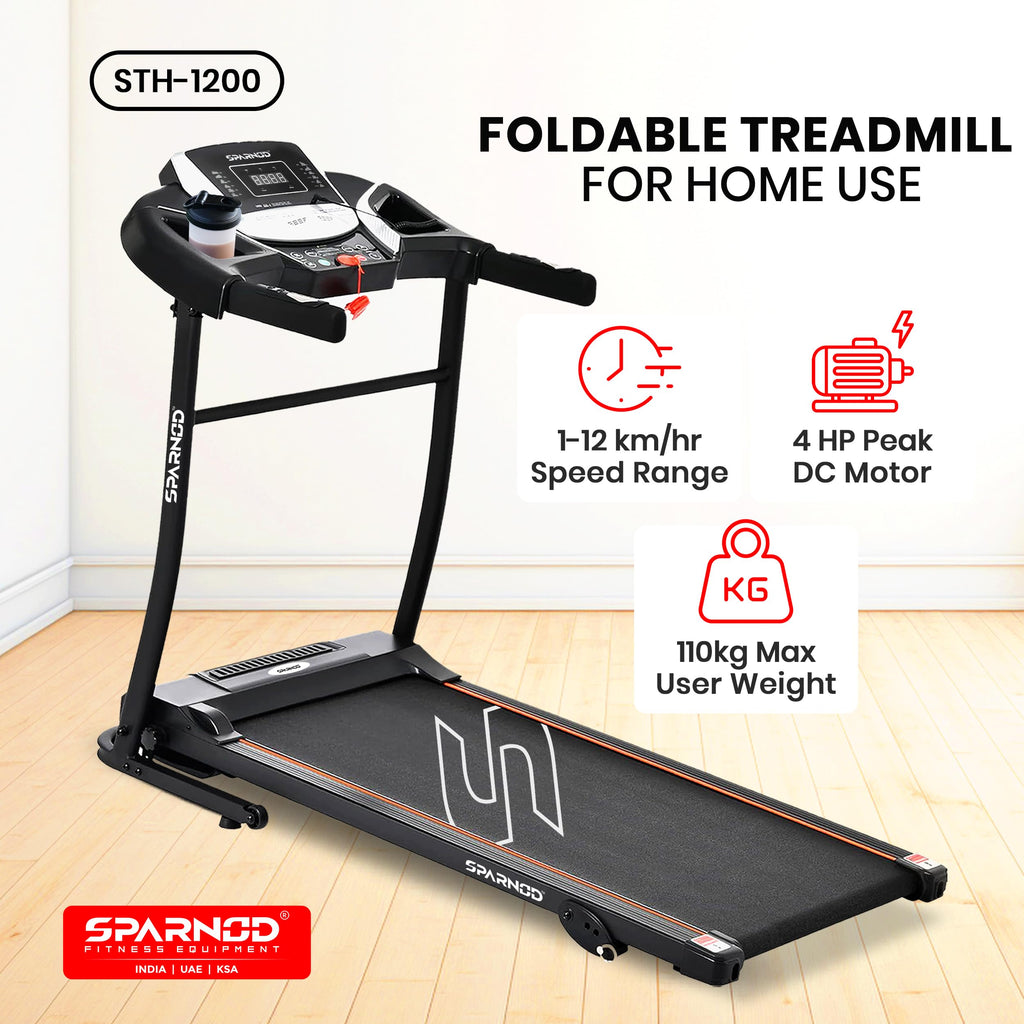 Sparnod Fitness STH-1200 Motorized Folding Treadmill – 4 HP Peak, 12 km/h, 12 Preset Workouts, Bluetooth & Hi-Fi Speakers