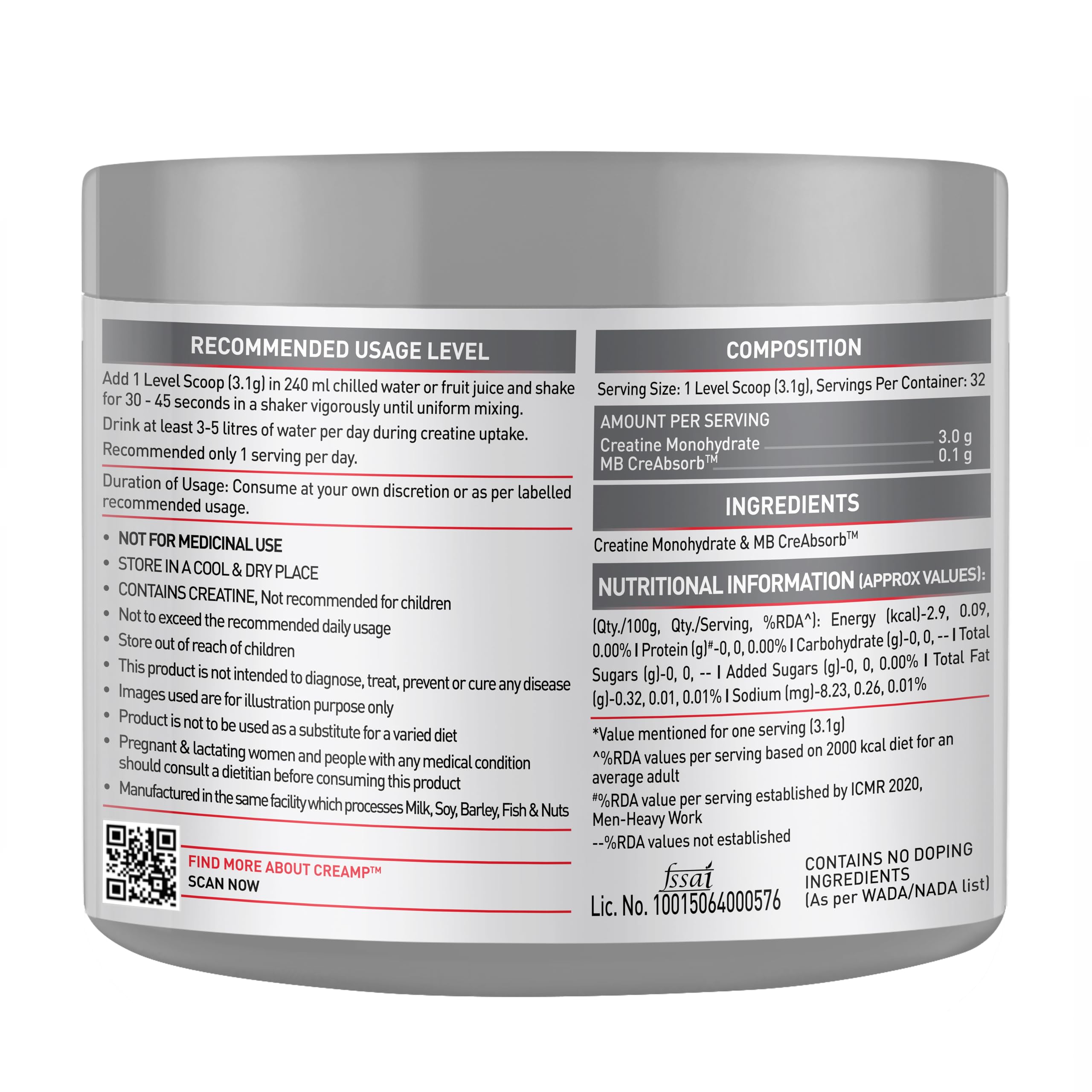 MuscleBlaze Micronised Creatine Monohydrate (CreAMP) – Unflavoured, 32 Servings | 100 g Pure, High-Bioavailability Supplement