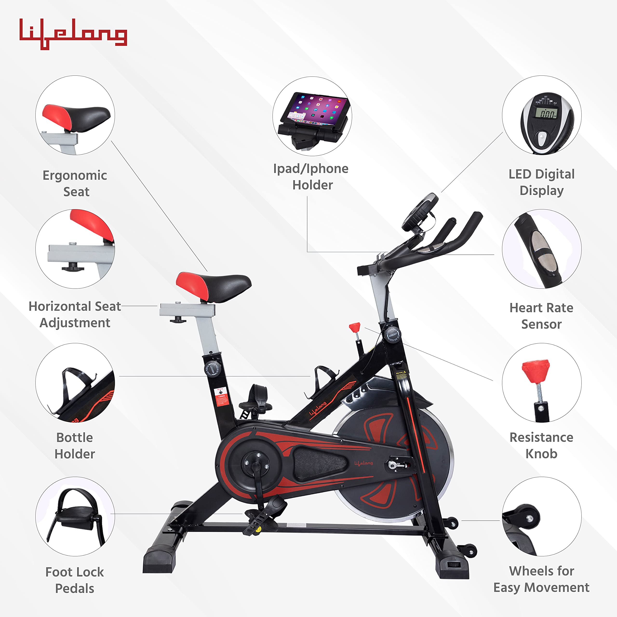 Lifelong LLF89 Fit Pro Spin Bike – 8 kg Flywheel, LCD Monitor & Heart-Rate Sensor