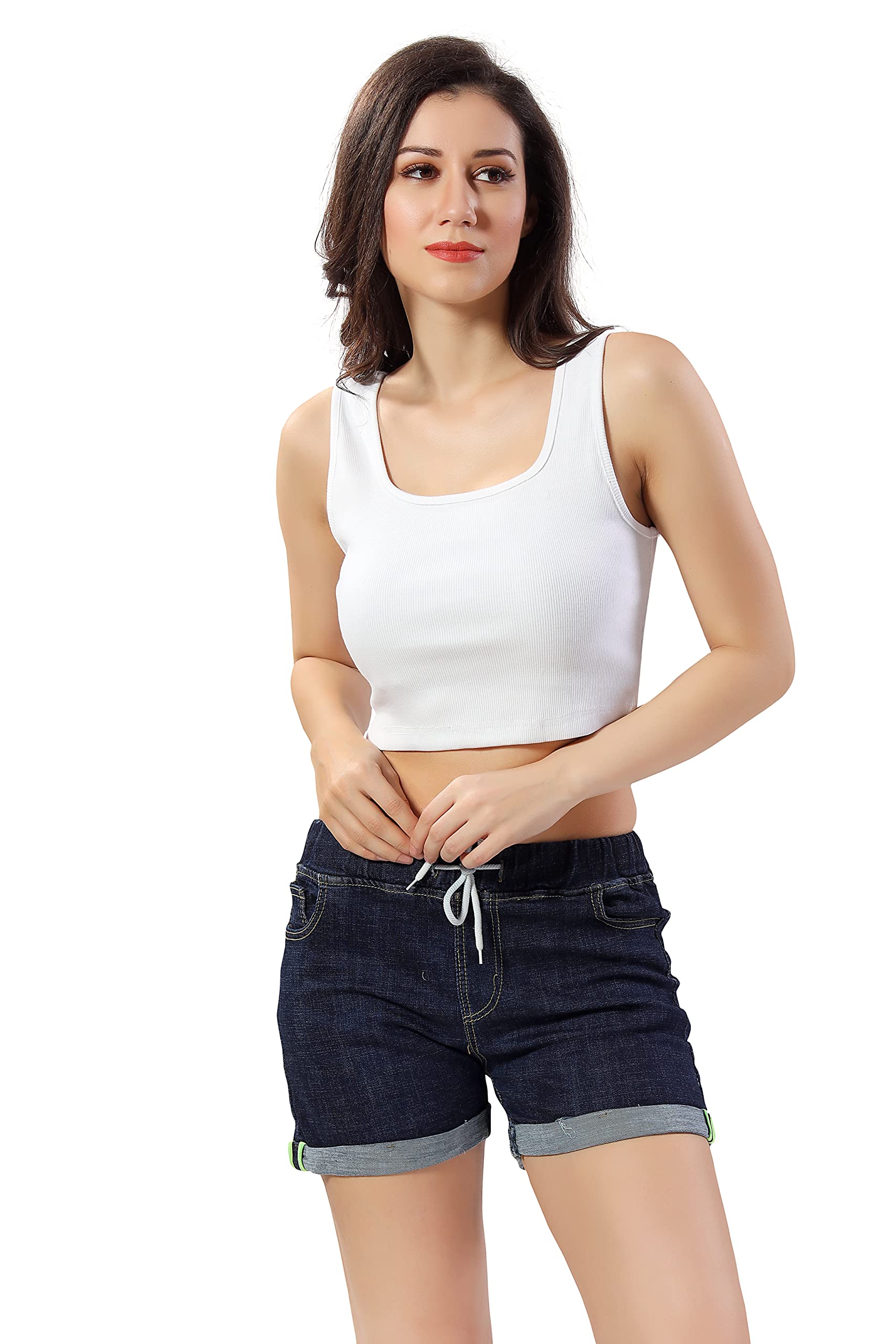 Trasa Women's Sleeveless Rib Knitted 100% Cotton Racer Back Tank Top – Square Neck Crop Top in White (Size Medium, Slim Fit)