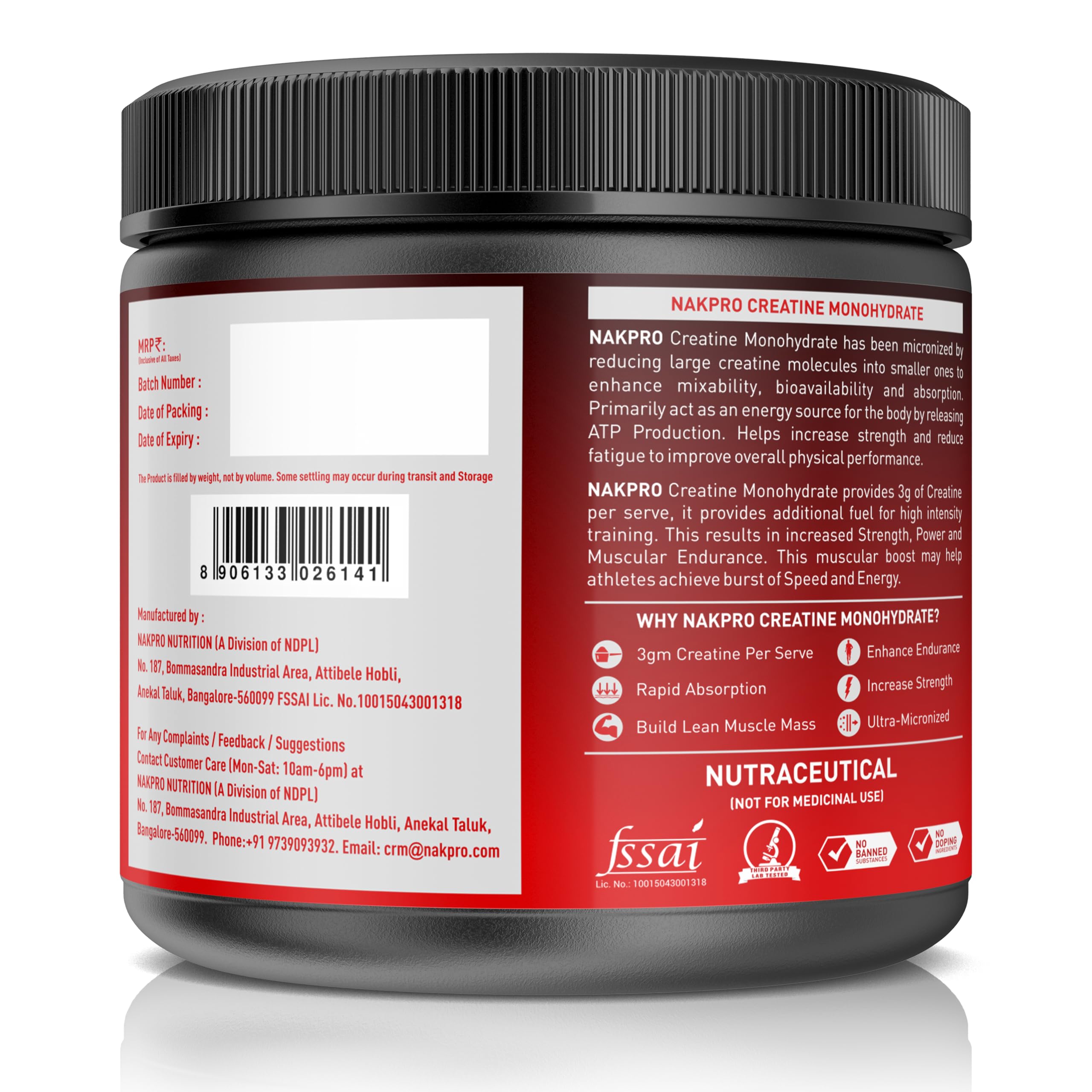 NAKPRO Micronized Creatine Monohydrate – Fast-Dissolving, Unflavoured, Pure Strength & Recovery Booster