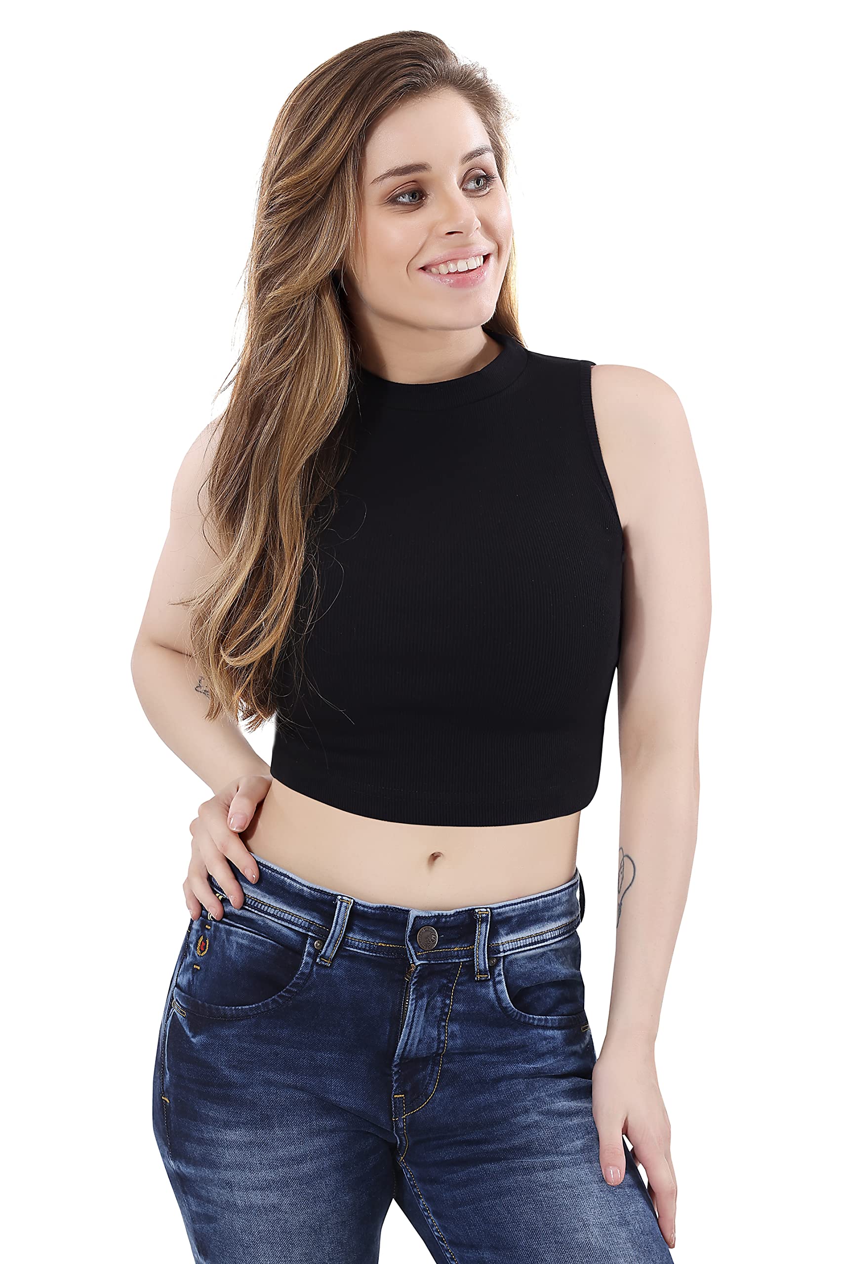 TRASA Women’s Rib-Knitted Cotton Racer-Back Crop Tank – Sleeveless, Slim Fit (Black, Large)