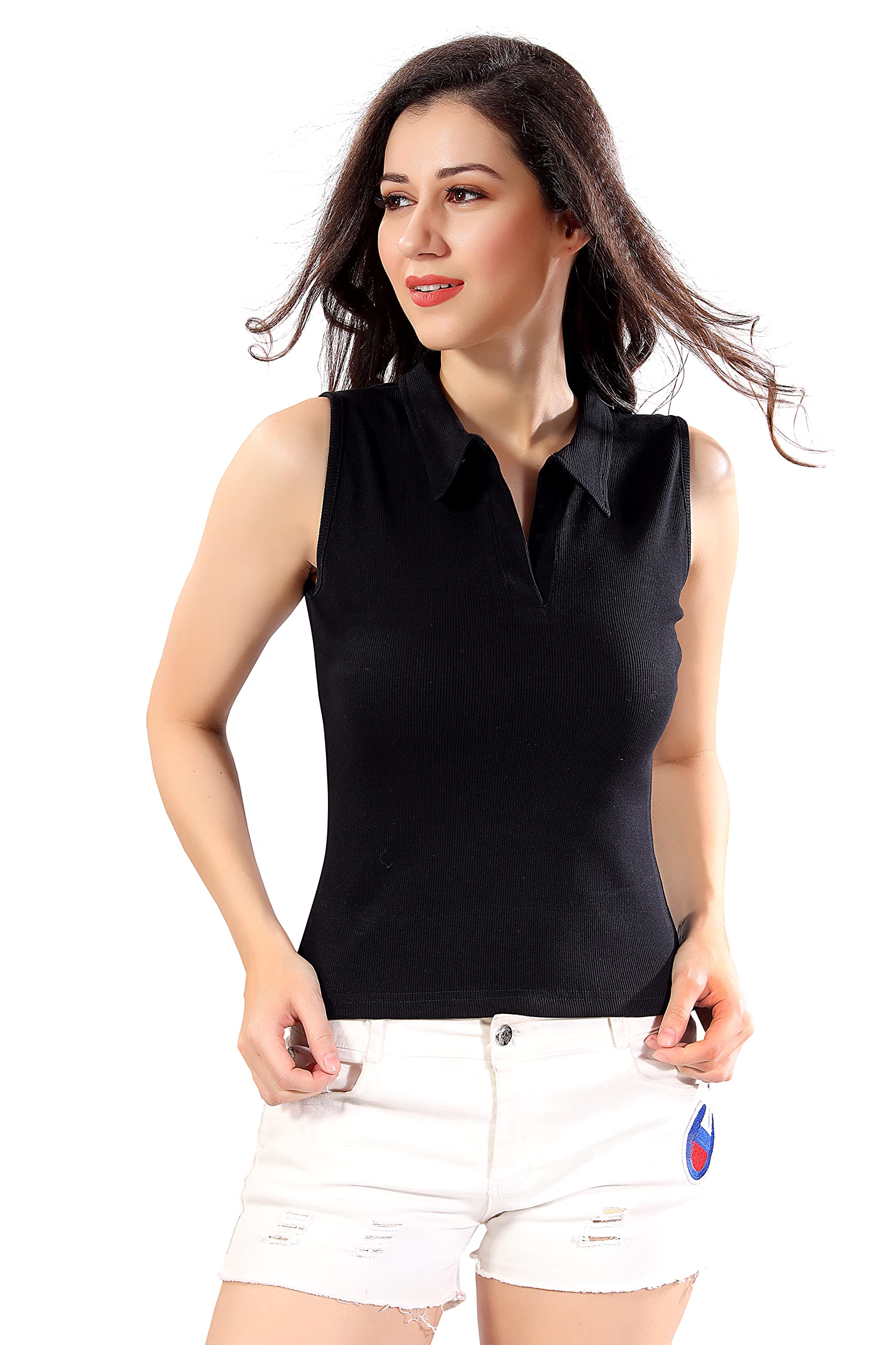 Trasa Women's Sleeveless Rib Knitted 100% Cotton Racer Back Tank Top with Collared Neck – Black (Medium, Slim Fit)