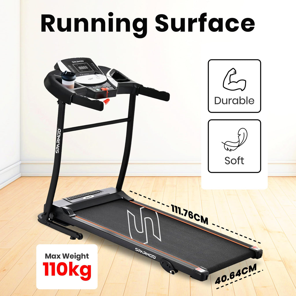 Sparnod Fitness STH-1200 Motorized Folding Treadmill – 4 HP Peak, 12 km/h, 12 Preset Workouts, Bluetooth & Hi-Fi Speakers