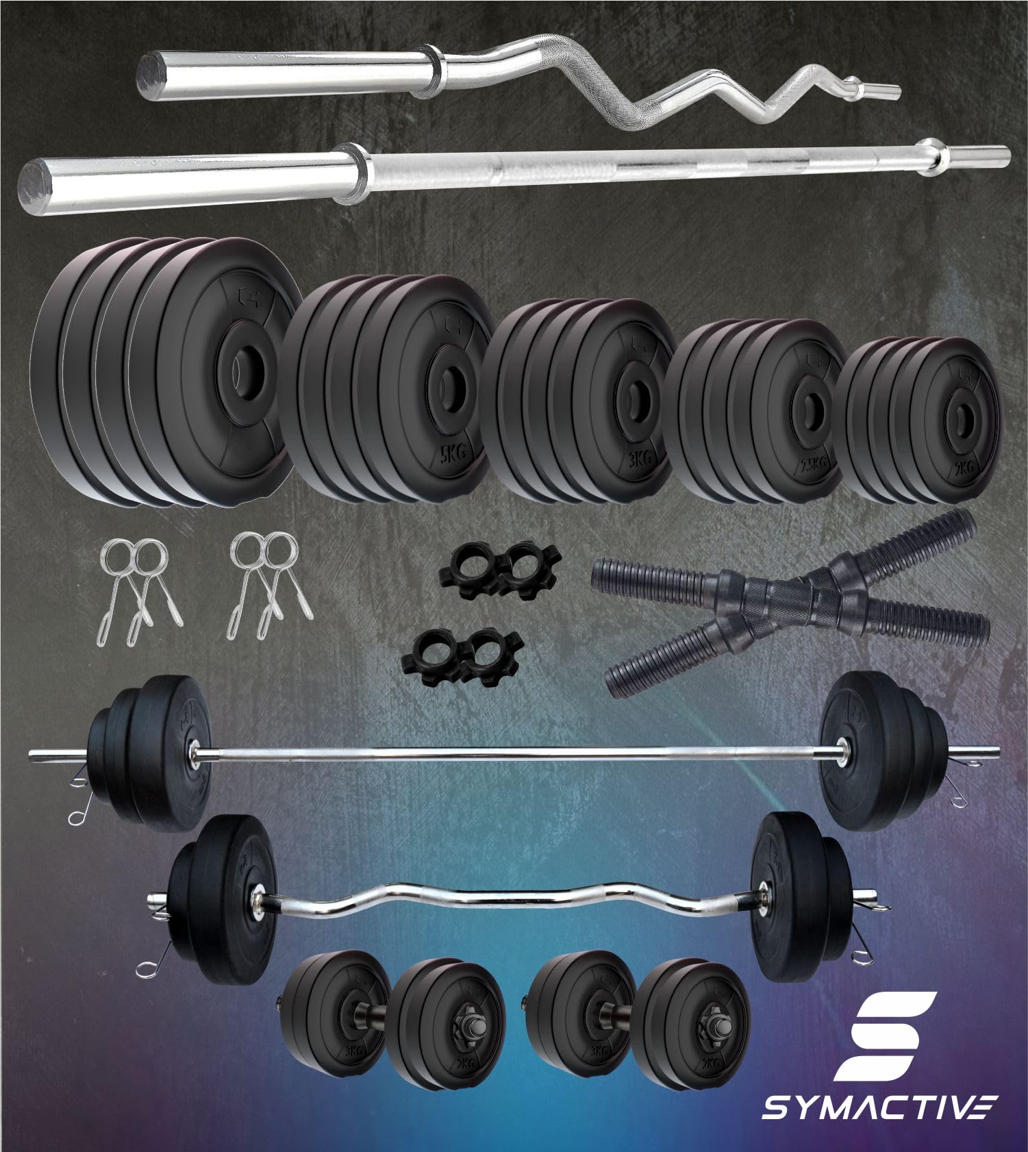 Amazon Brand Symactive 90 KG PVC Home Gym Set – Multicolour with Plain & Curl Rods