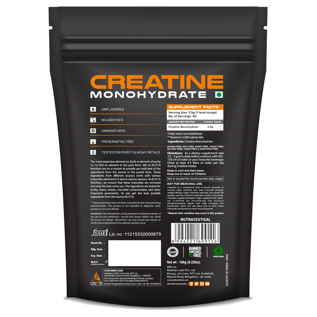 AS-IT-IS Creatine Monohydrate – 100% Pure, Micronized, USA Labdoor-Certified, Unflavoured, 2.5 g per Serving