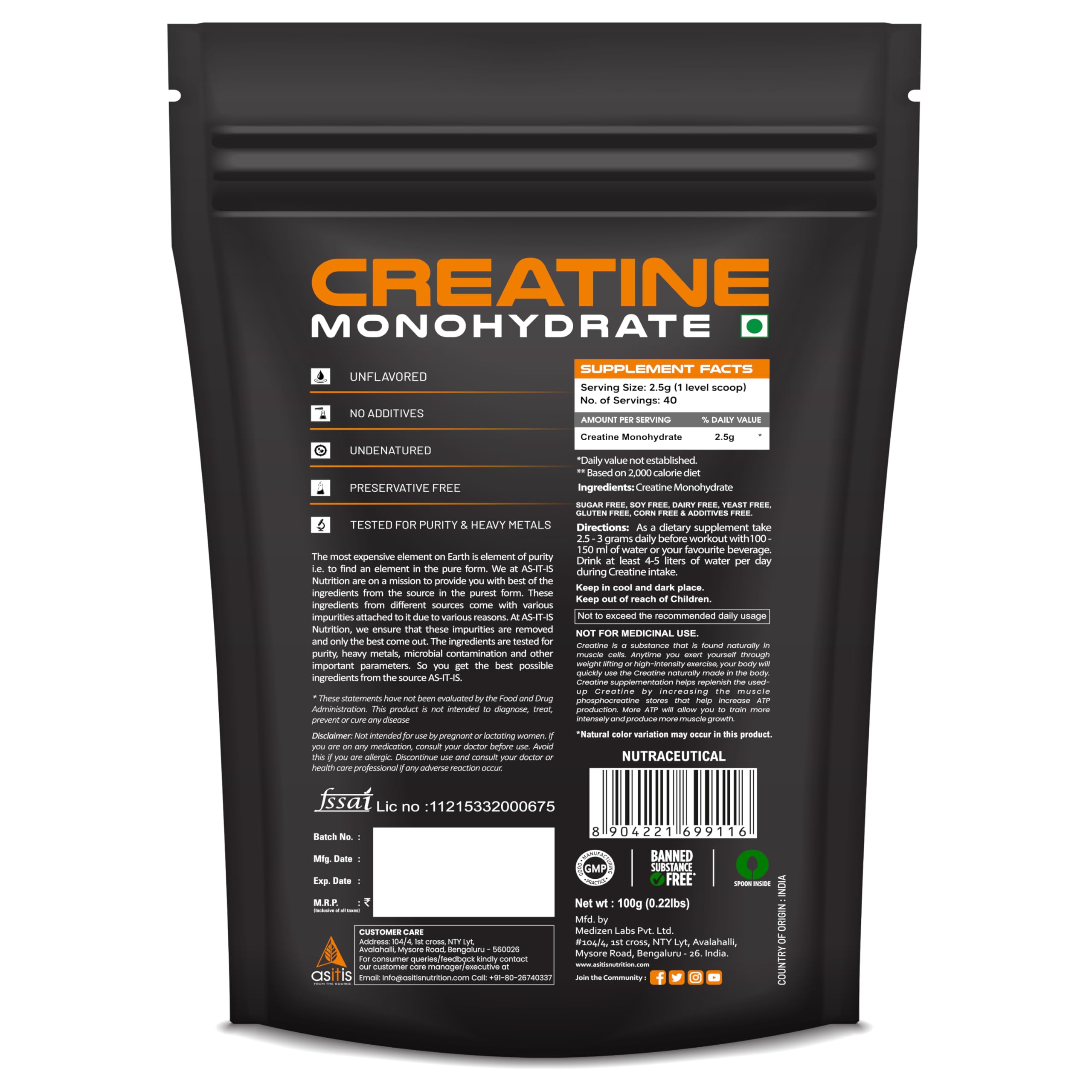 AS-IT-IS Creatine Monohydrate – 100% Pure, Micronized, USA Labdoor-Certified, Unflavoured, 2.5 g per Serving